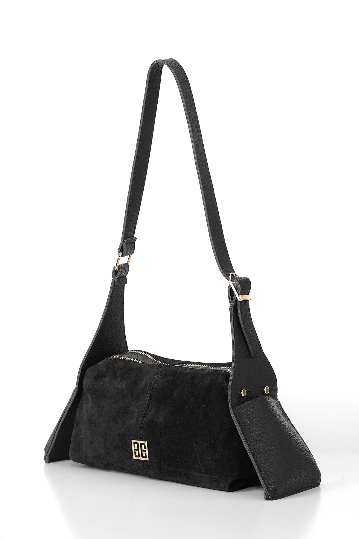 Vegan Deri Aksesuarlı Süet Çift Fermuarlı Günlük Çanta