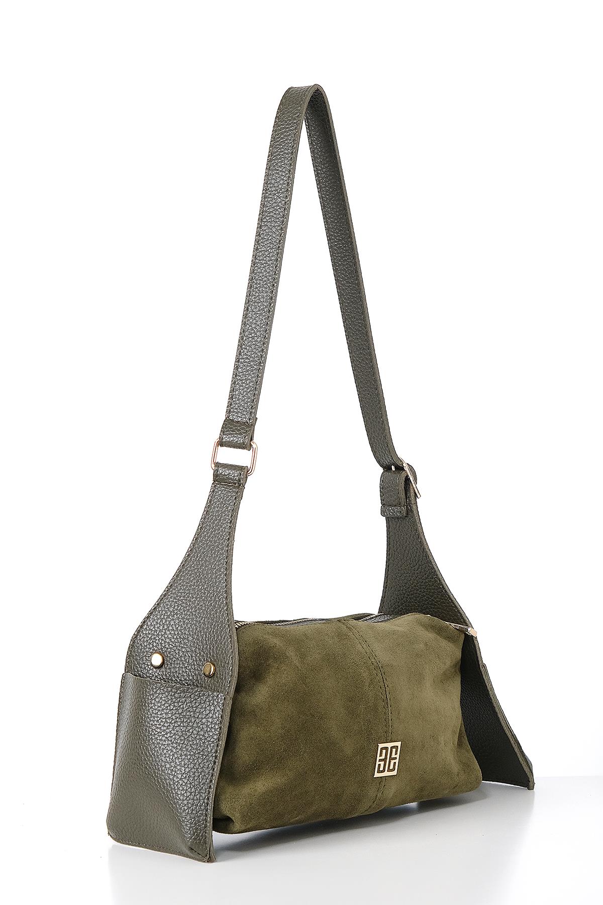 Vegan Deri Aksesuarlı Süet Çift Fermuarlı Günlük Çanta