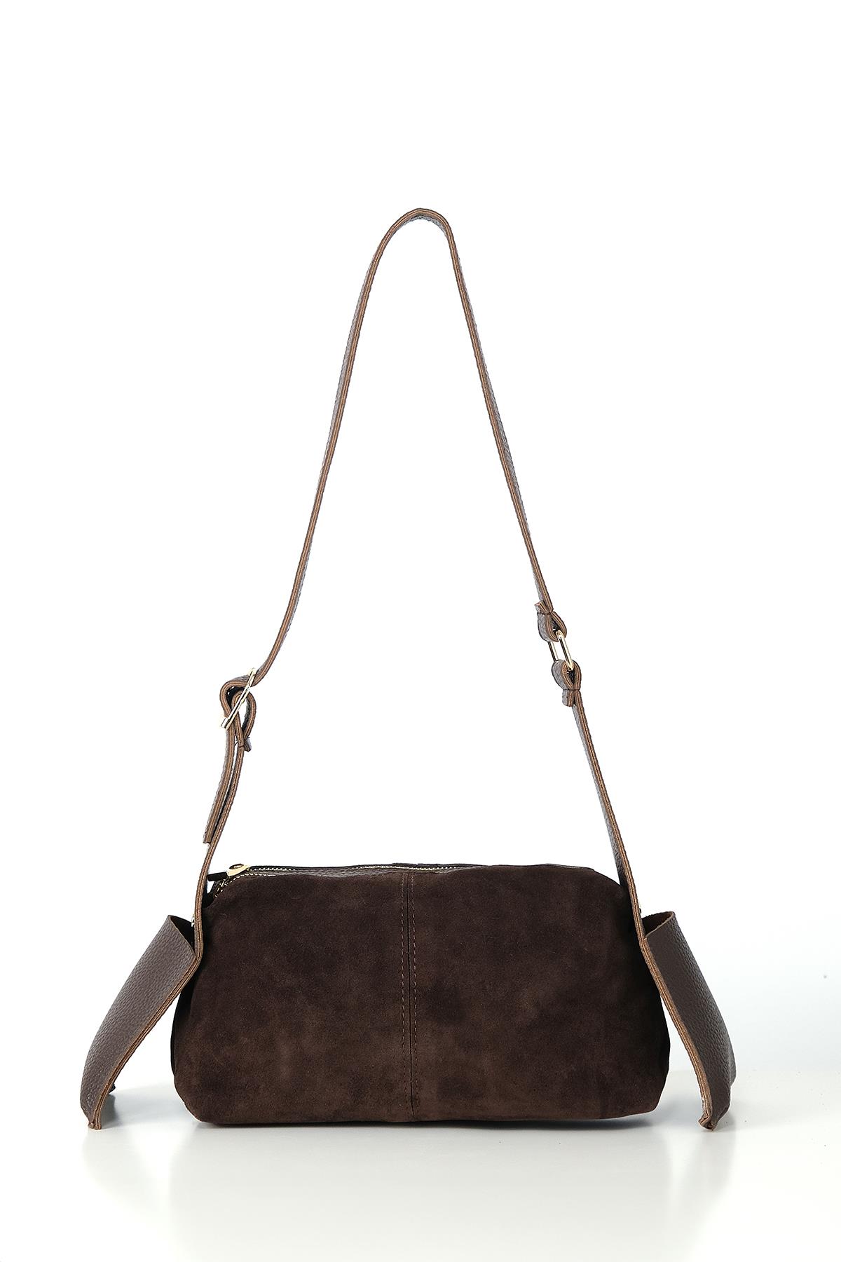 Vegan Deri Aksesuarlı Süet Çift Fermuarlı Günlük Çanta