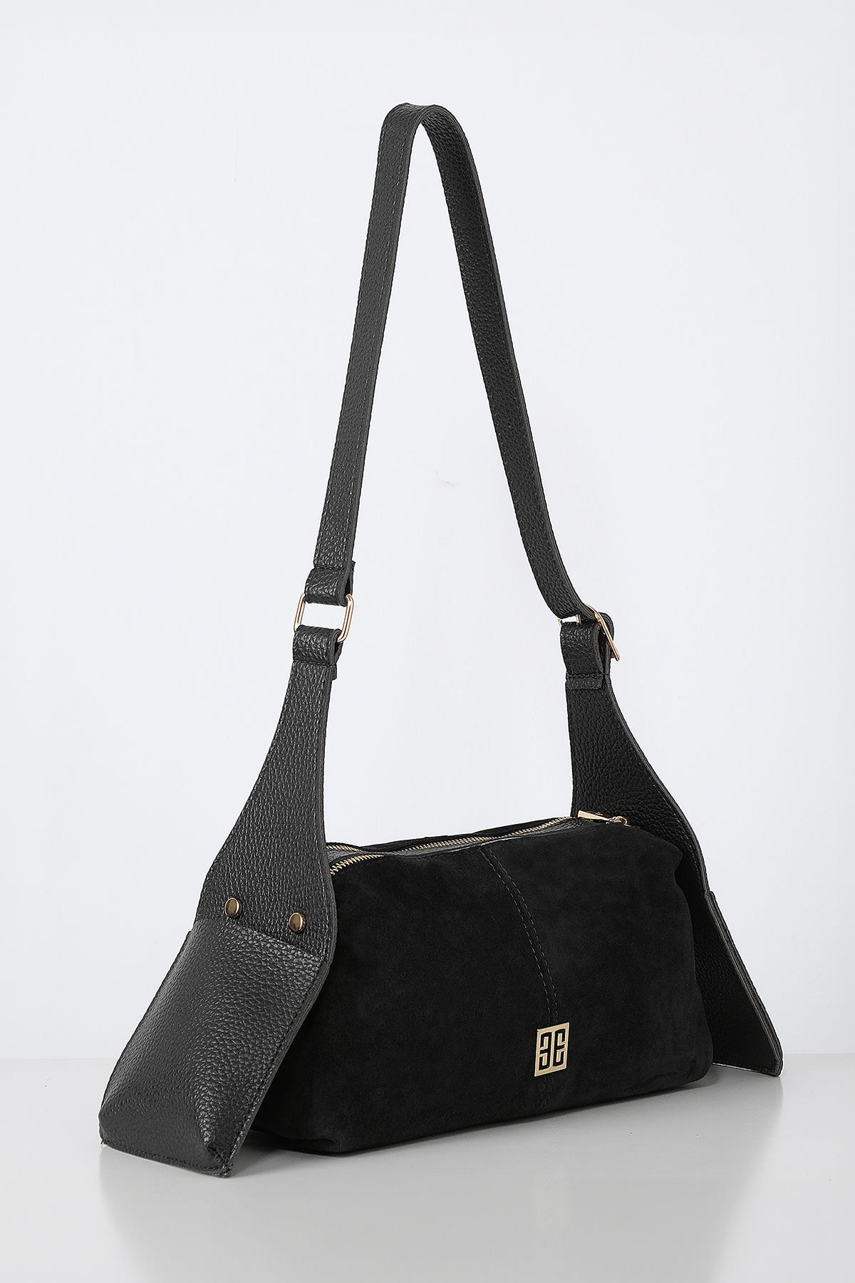 Vegan Deri Aksesuarlı Süet Çift Fermuarlı Günlük Çanta