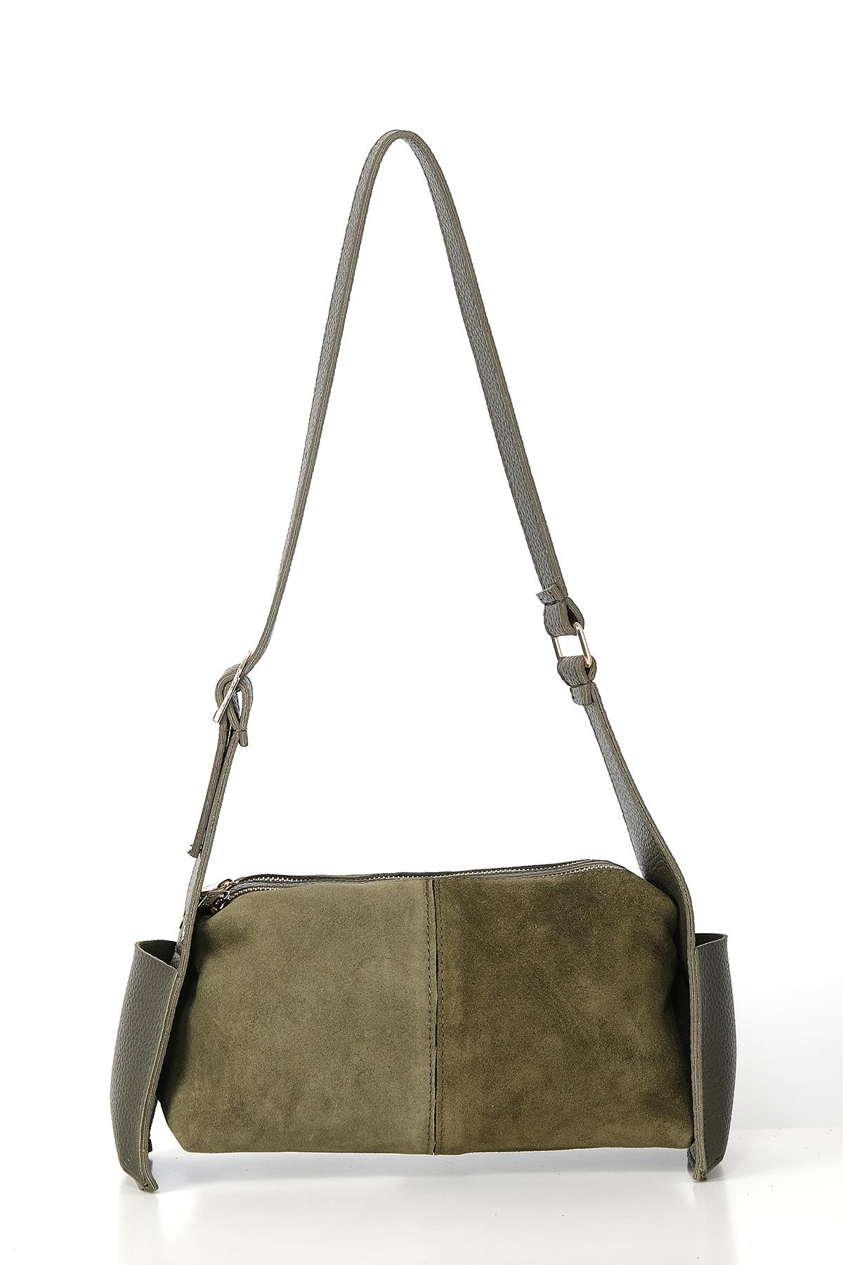 Vegan Deri Aksesuarlı Süet Çift Fermuarlı Günlük Çanta