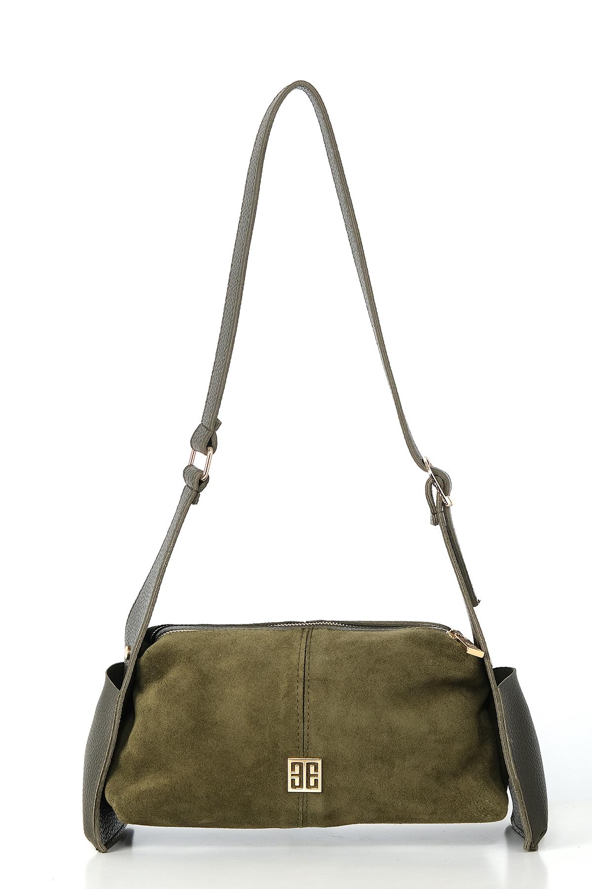 Vegan Deri Aksesuarlı Süet Çift Fermuarlı Günlük Çanta