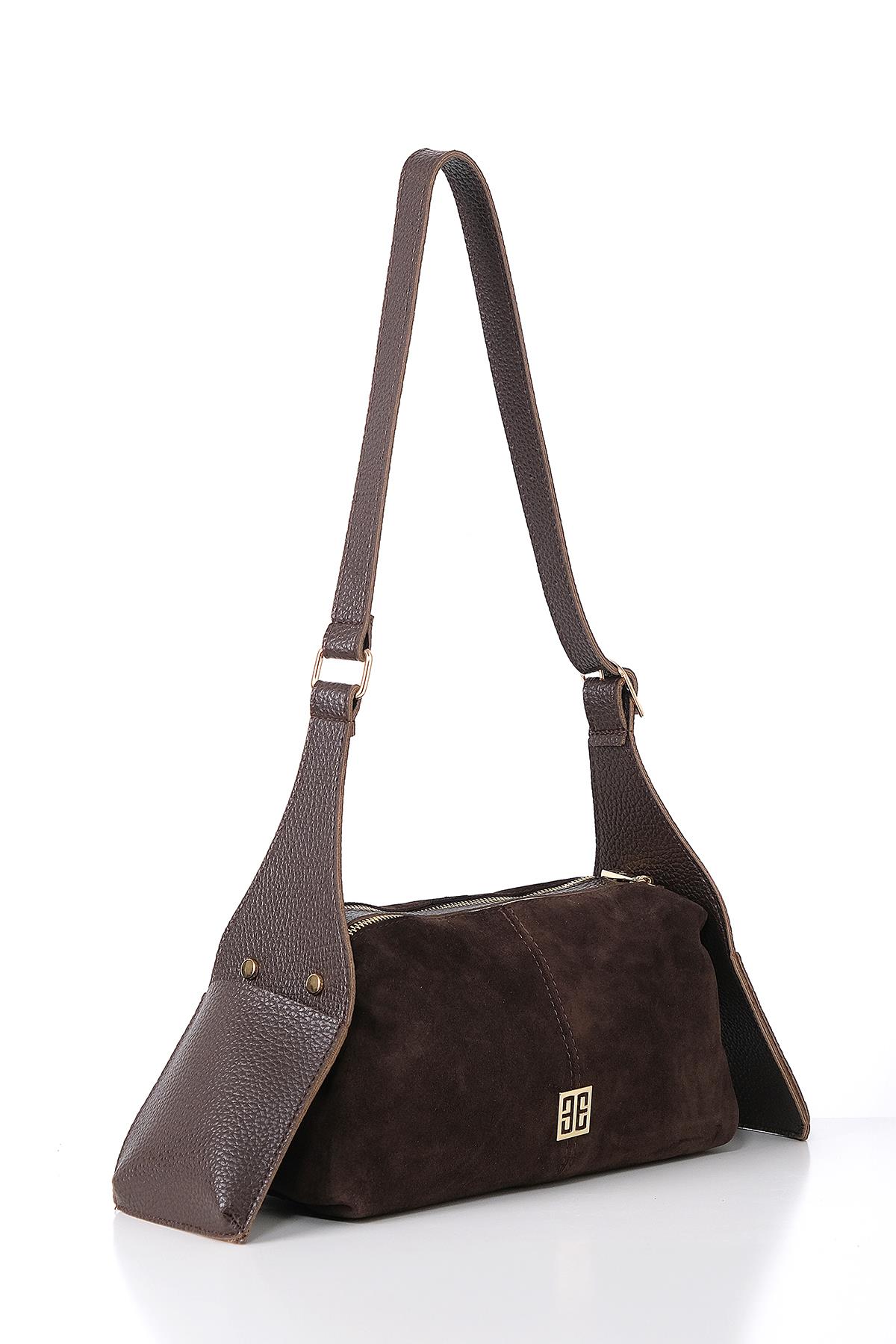 Vegan Deri Aksesuarlı Süet Çift Fermuarlı Günlük Çanta