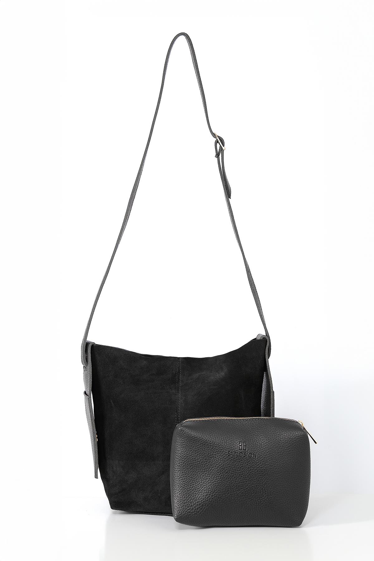 Vegan Deri Aksesuarlı Süet Garnili Askılı Ve Yavrulu Günlük Çanta