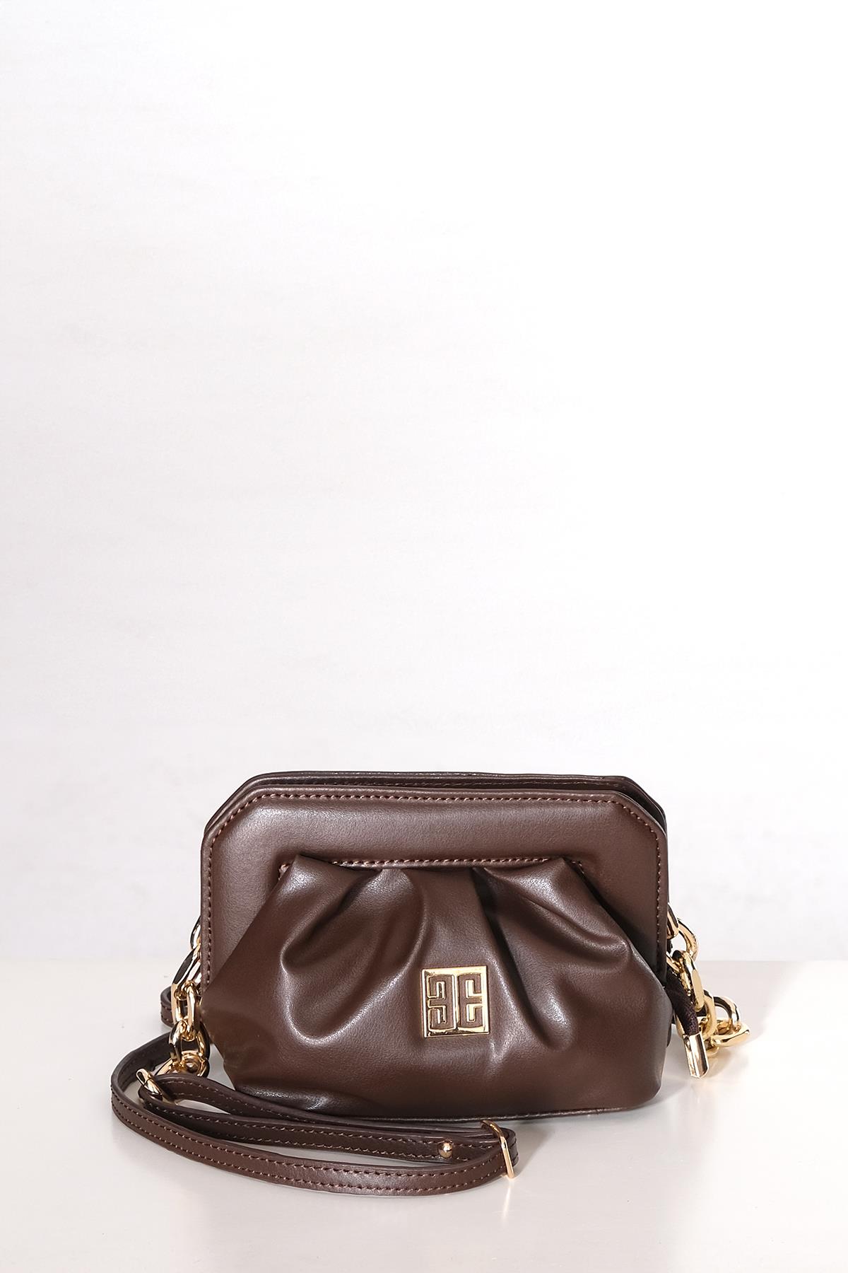 Vegan Deri Büzgülü  Gold Zincir Detaylı Saplı Mini Şık Çanta