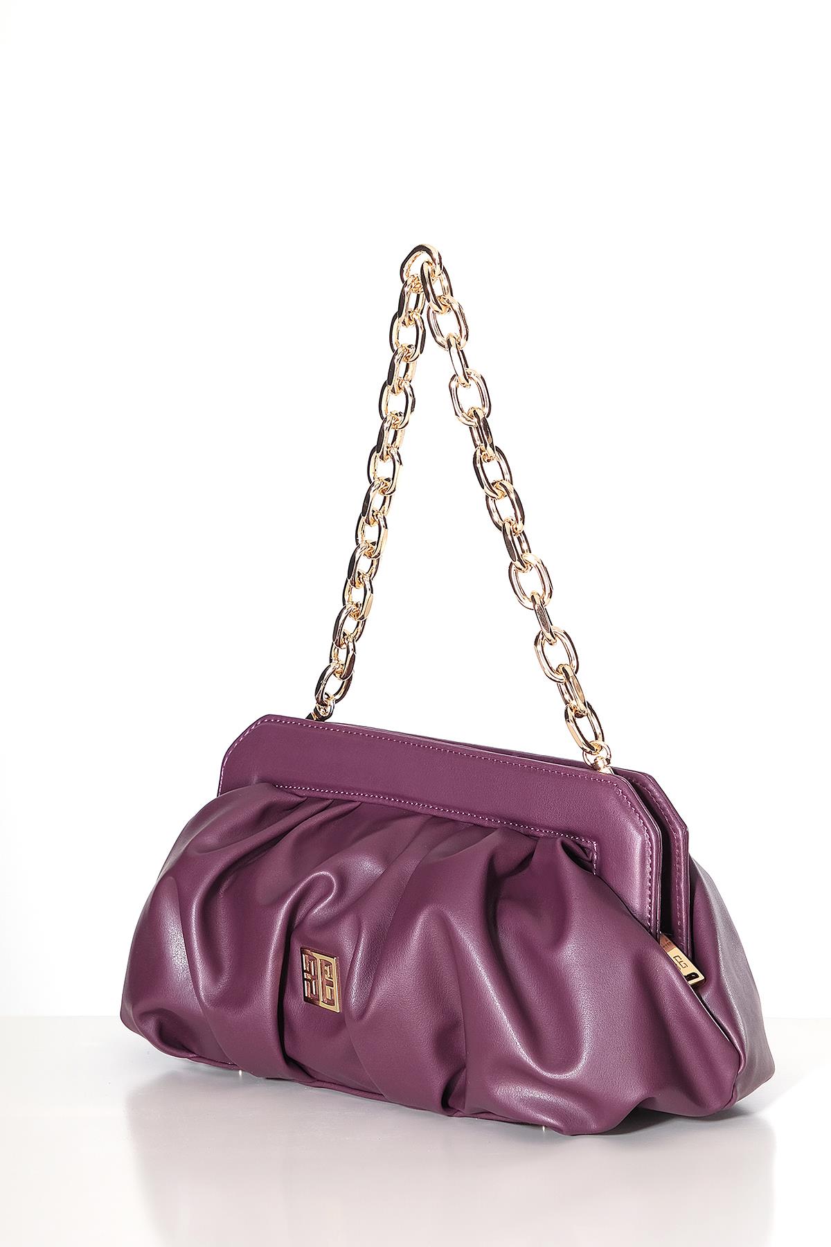 Vegan Deri Büzgülü  Gold Zincir Saplı Şık Çanta