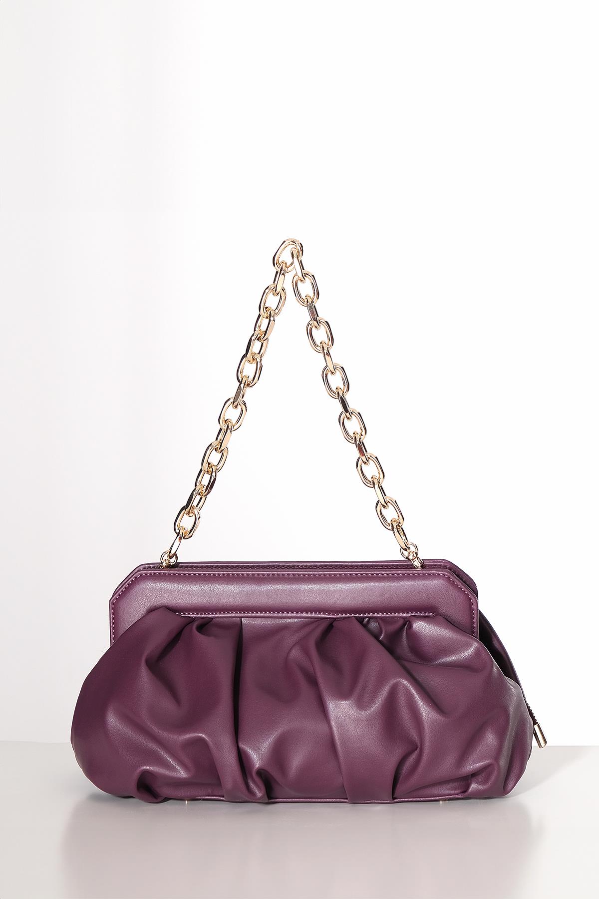 Vegan Deri Büzgülü  Gold Zincir Saplı Şık Çanta