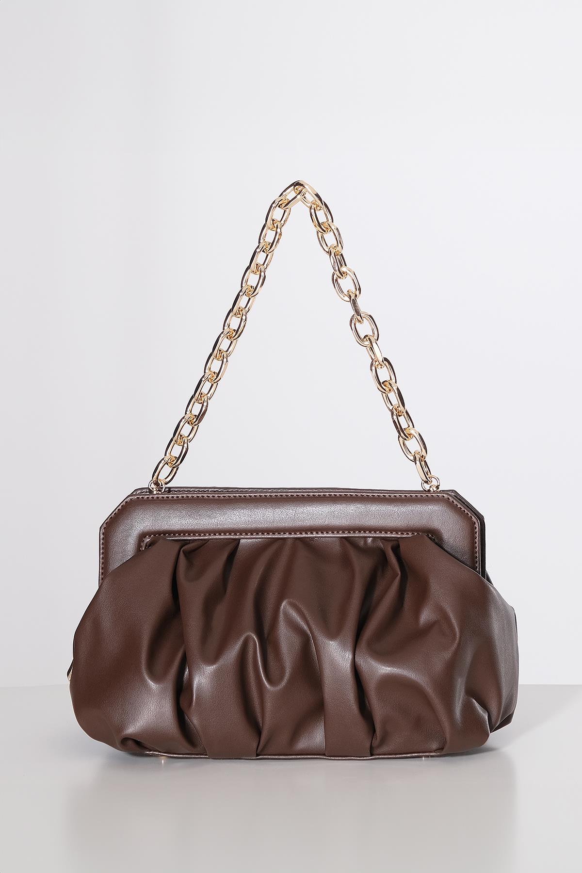 Vegan Deri Büzgülü  Gold Zincir Saplı Şık Çanta
