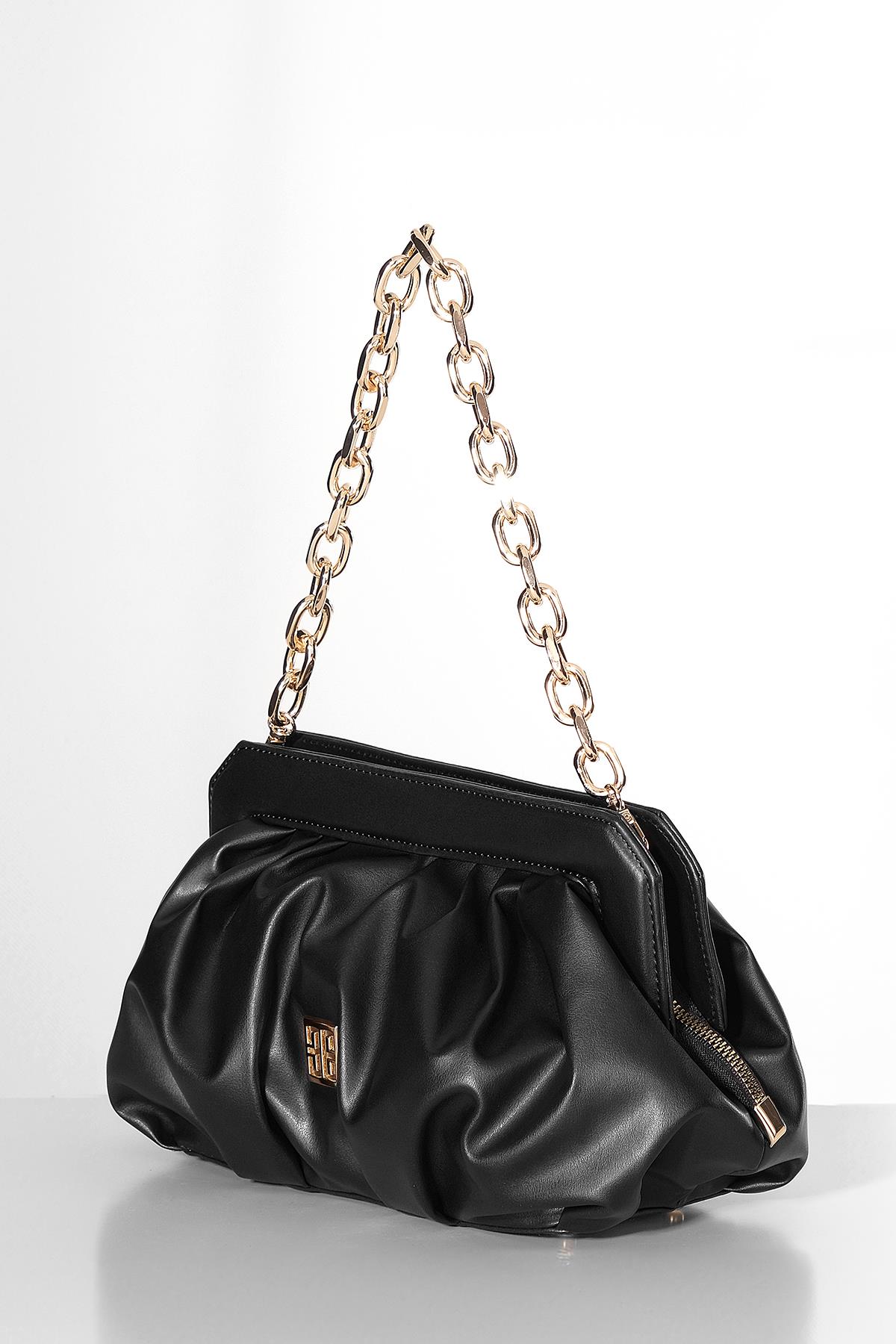 Vegan Deri Büzgülü  Gold Zincir Saplı Şık Çanta