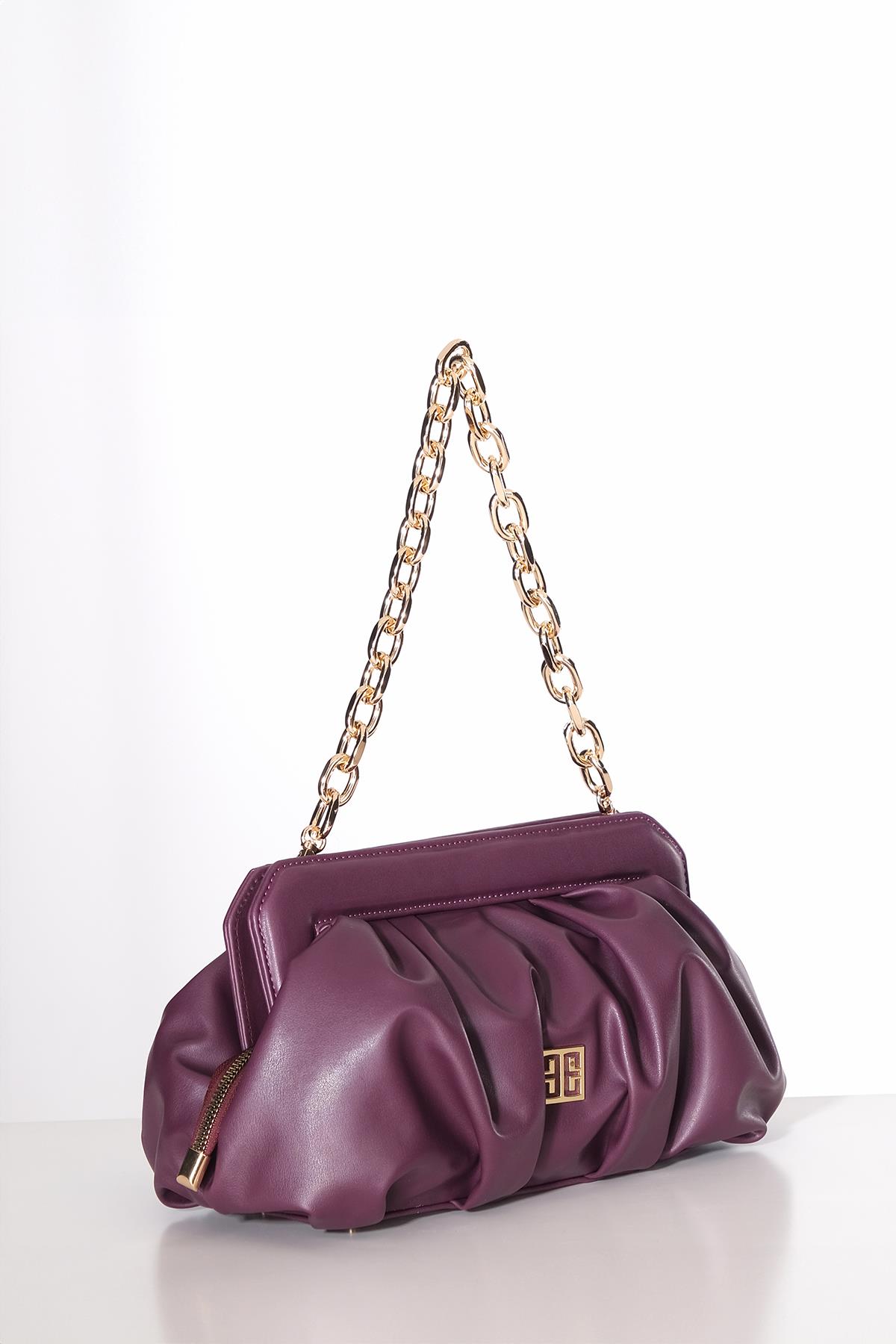 Vegan Deri Büzgülü  Gold Zincir Saplı Şık Çanta