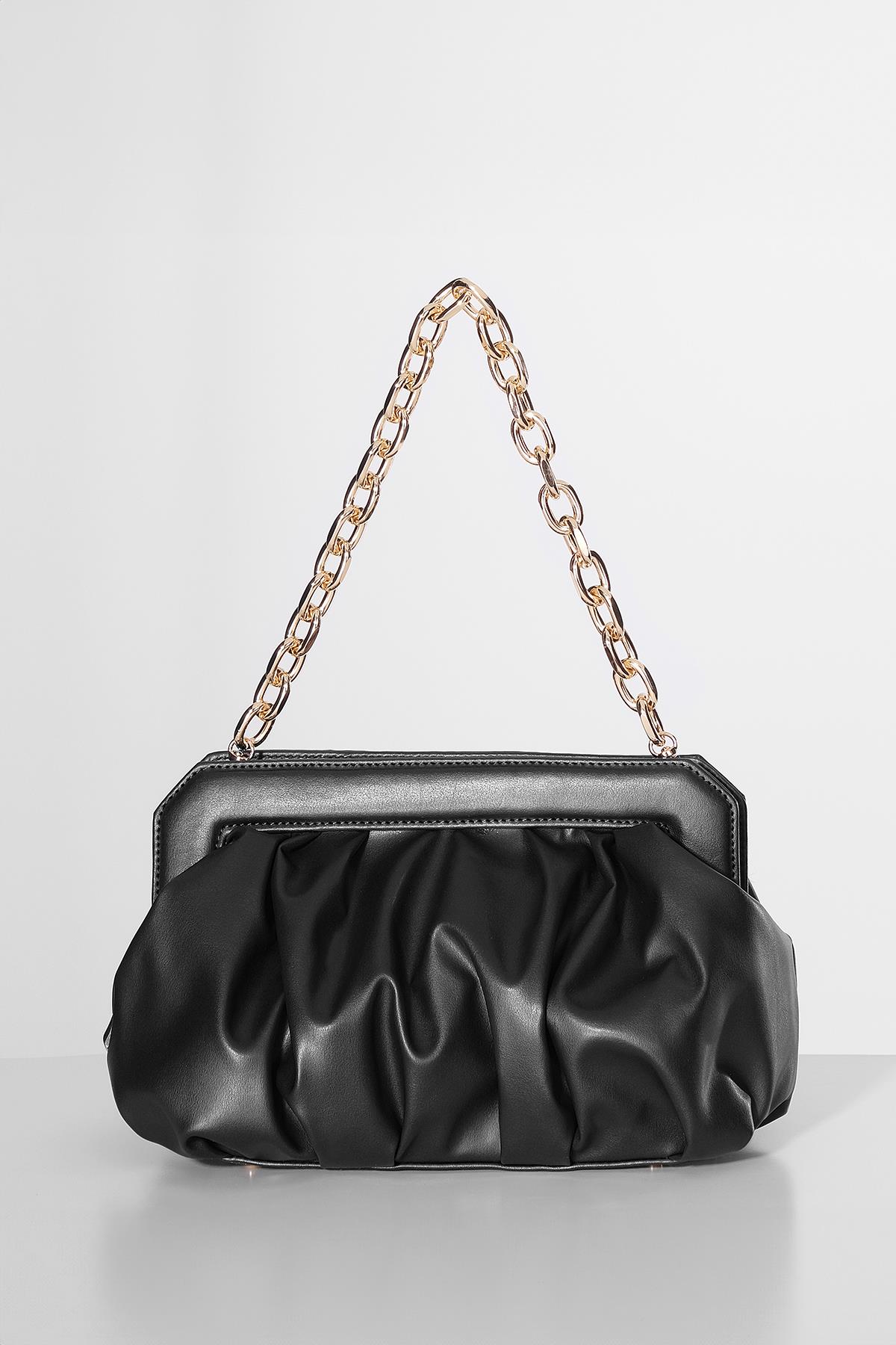 Vegan Deri Büzgülü  Gold Zincir Saplı Şık Çanta