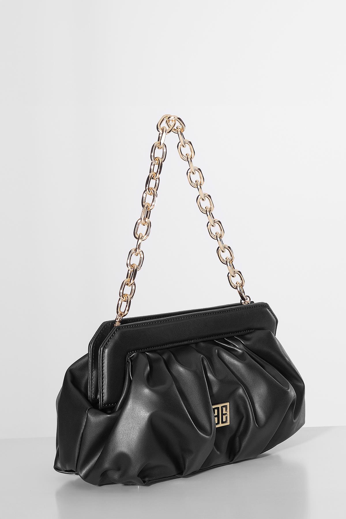 Vegan Deri Büzgülü  Gold Zincir Saplı Şık Çanta