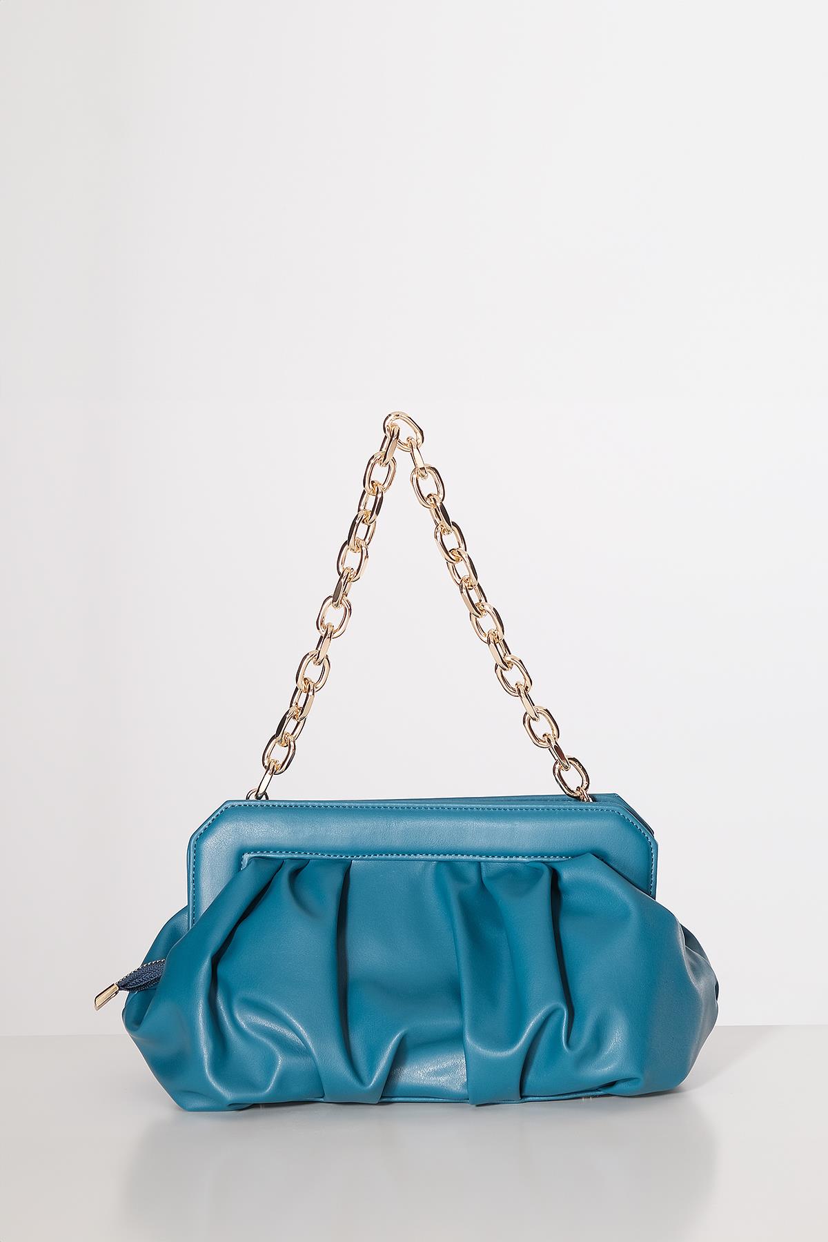 Vegan Deri Büzgülü  Gold Zincir Saplı Şık Çanta