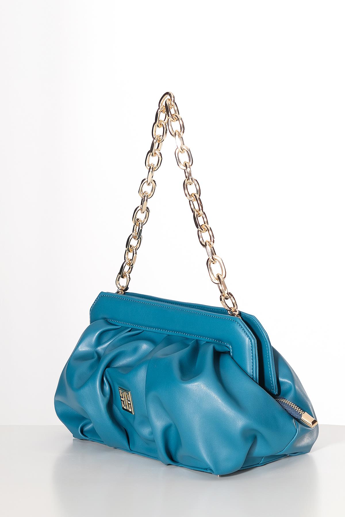 Vegan Deri Büzgülü  Gold Zincir Saplı Şık Çanta