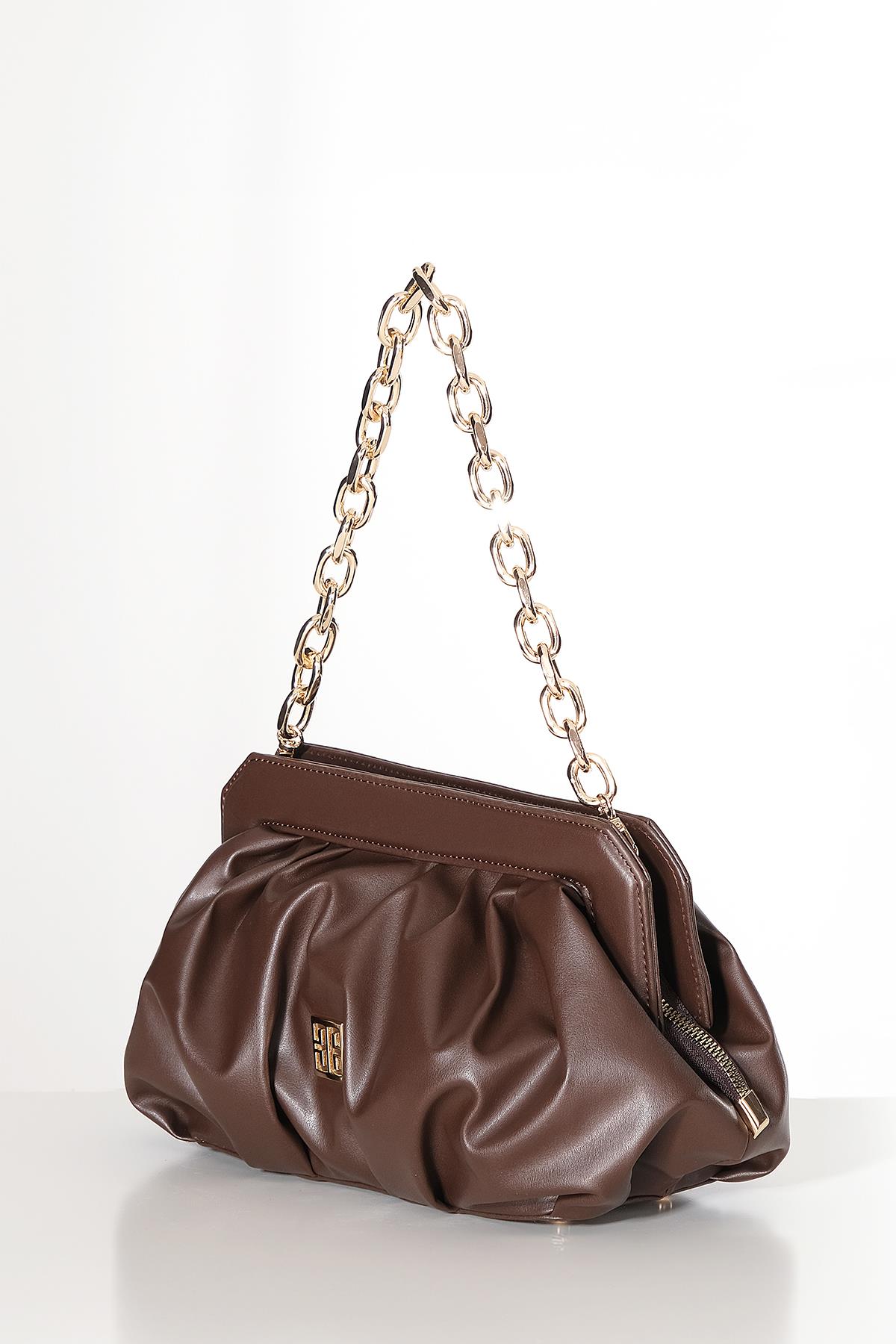 Vegan Deri Büzgülü  Gold Zincir Saplı Şık Çanta