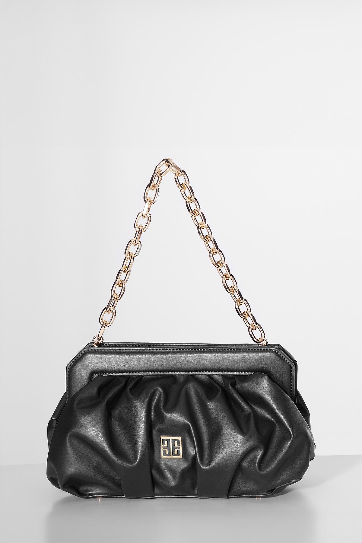Vegan Deri Büzgülü  Gold Zincir Saplı Şık Çanta