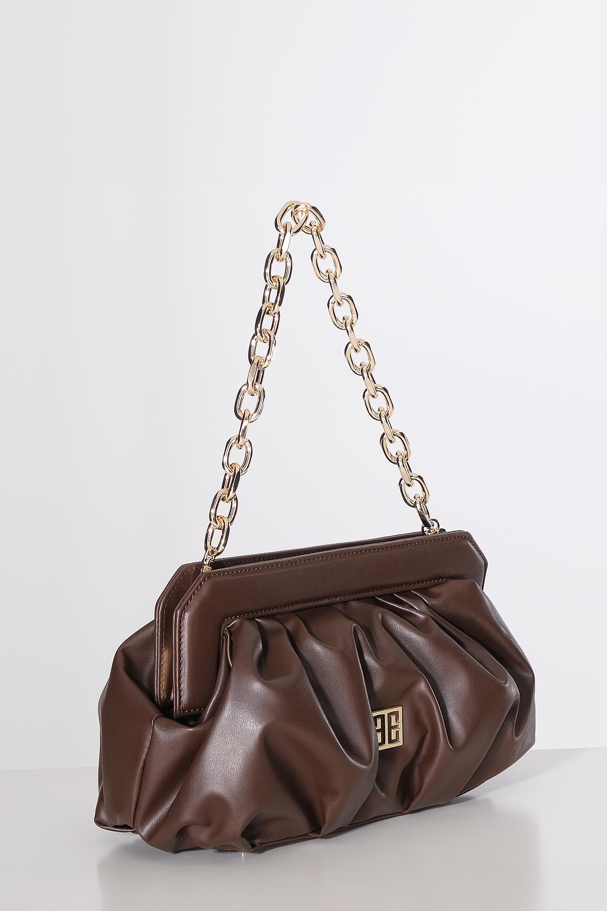 Vegan Deri Büzgülü  Gold Zincir Saplı Şık Çanta