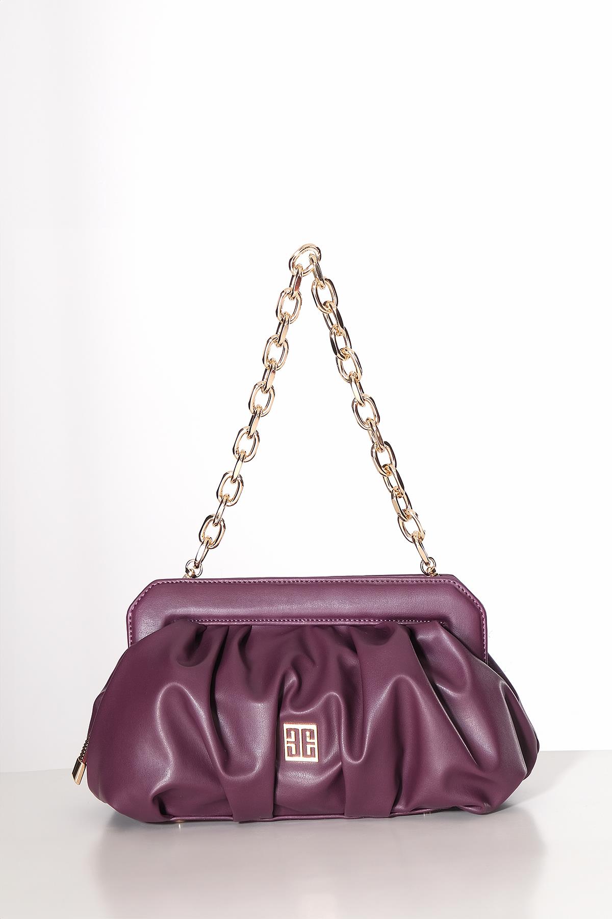 Vegan Deri Büzgülü  Gold Zincir Saplı Şık Çanta