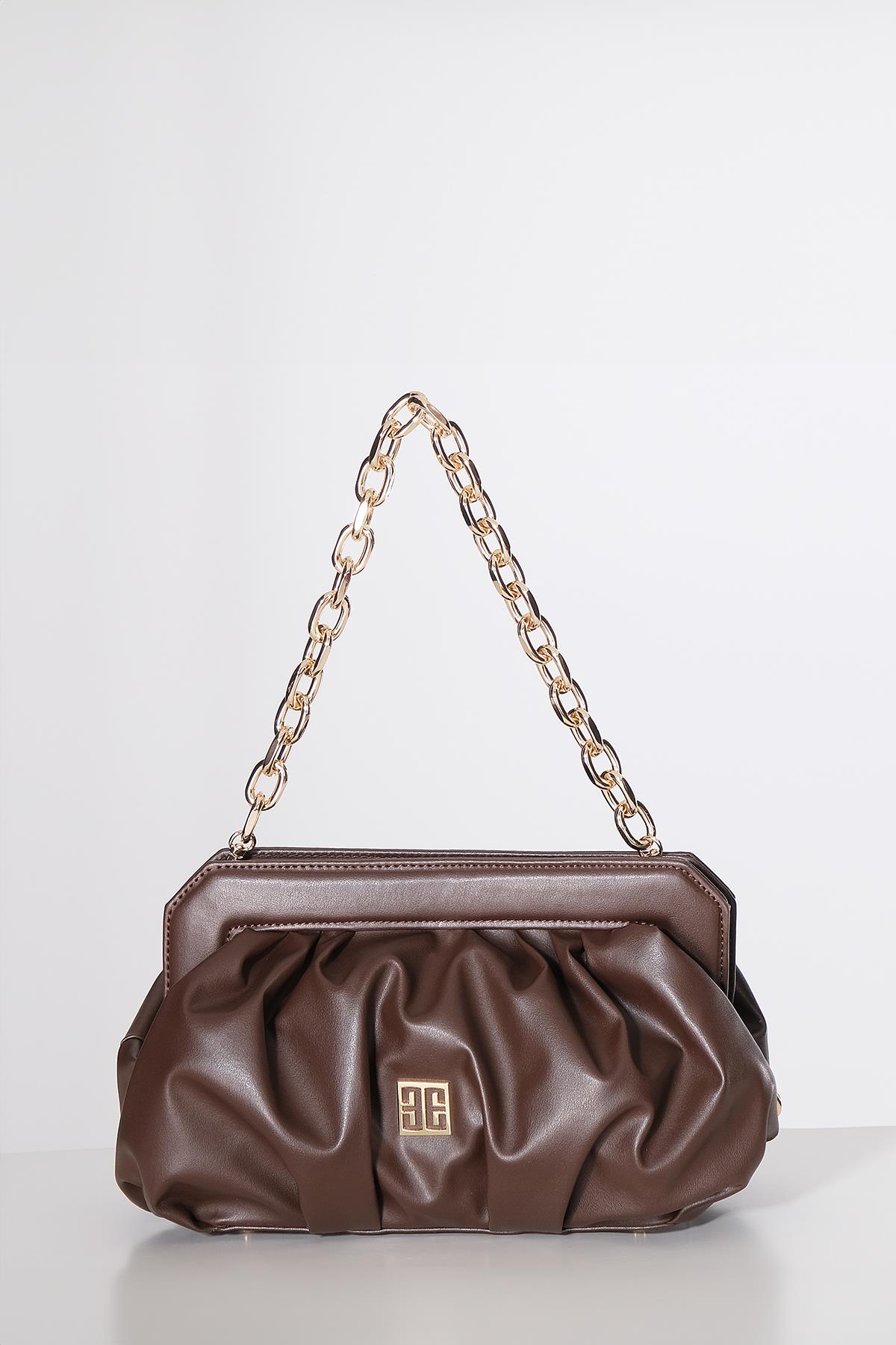 Vegan Deri Büzgülü  Gold Zincir Saplı Şık Çanta