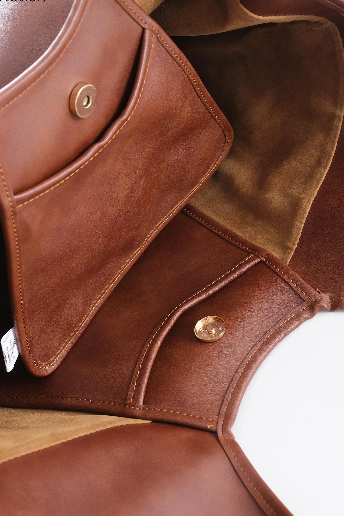 Vegan Deri, Süet Astarlı, Tasarımlı, Büyük, El Omuz Çanta