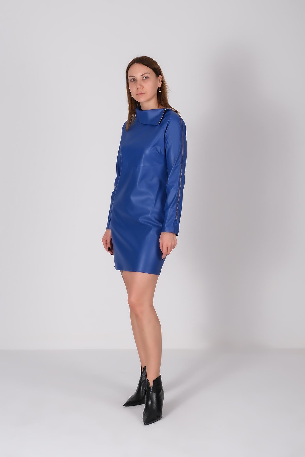 Vegan Deri Yakalı Gold Fermuar Detaylı Mini Elbise