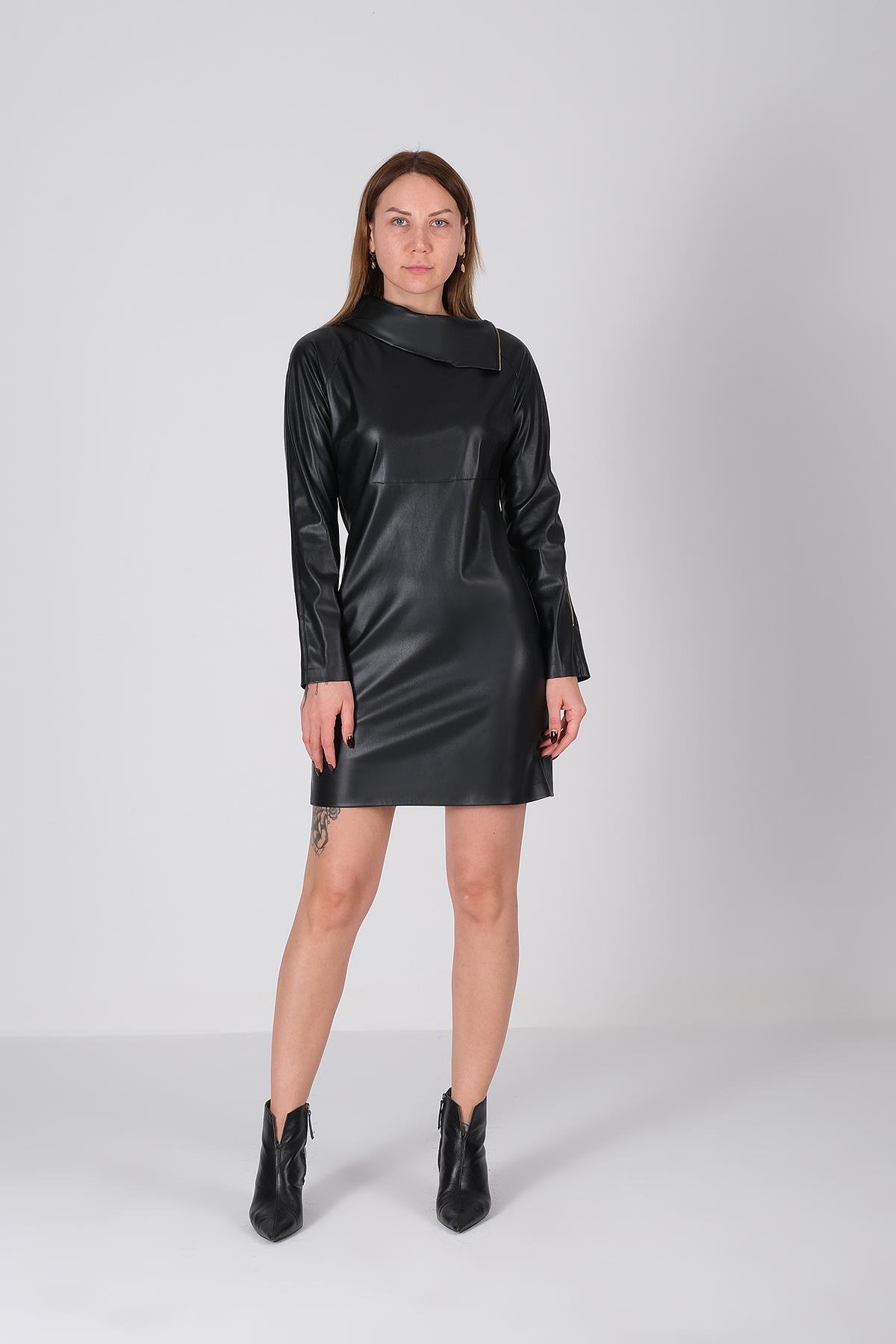 Vegan Deri Yakalı Gold Fermuar Detaylı Mini Elbise