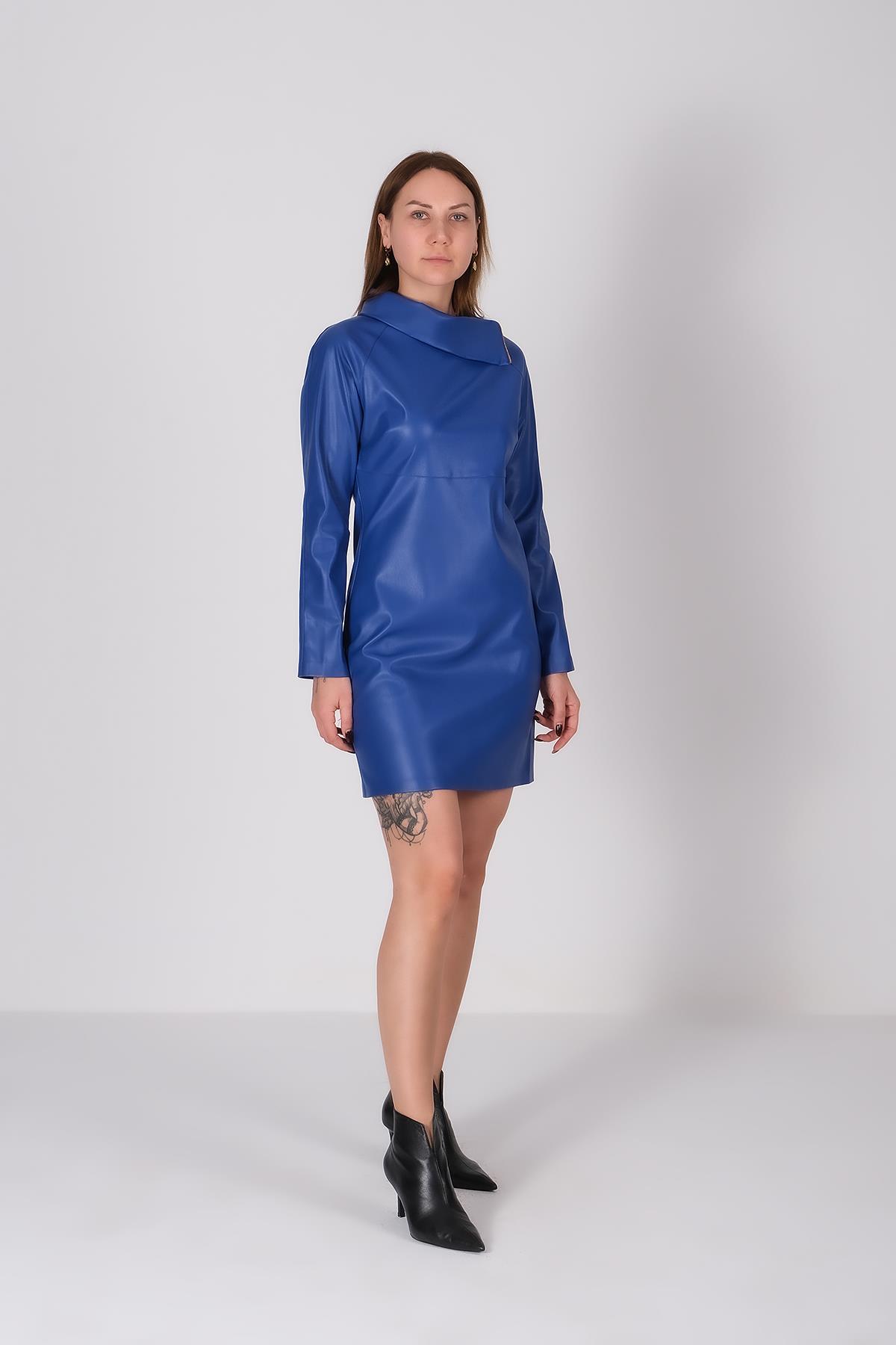 Vegan Deri Yakalı Gold Fermuar Detaylı Mini Elbise