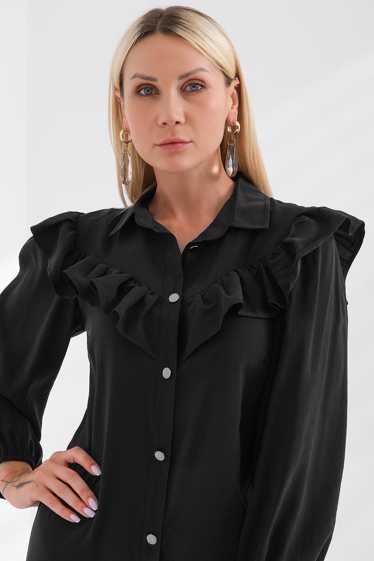 Volan Detaylı Kolu Lastikli Elbise