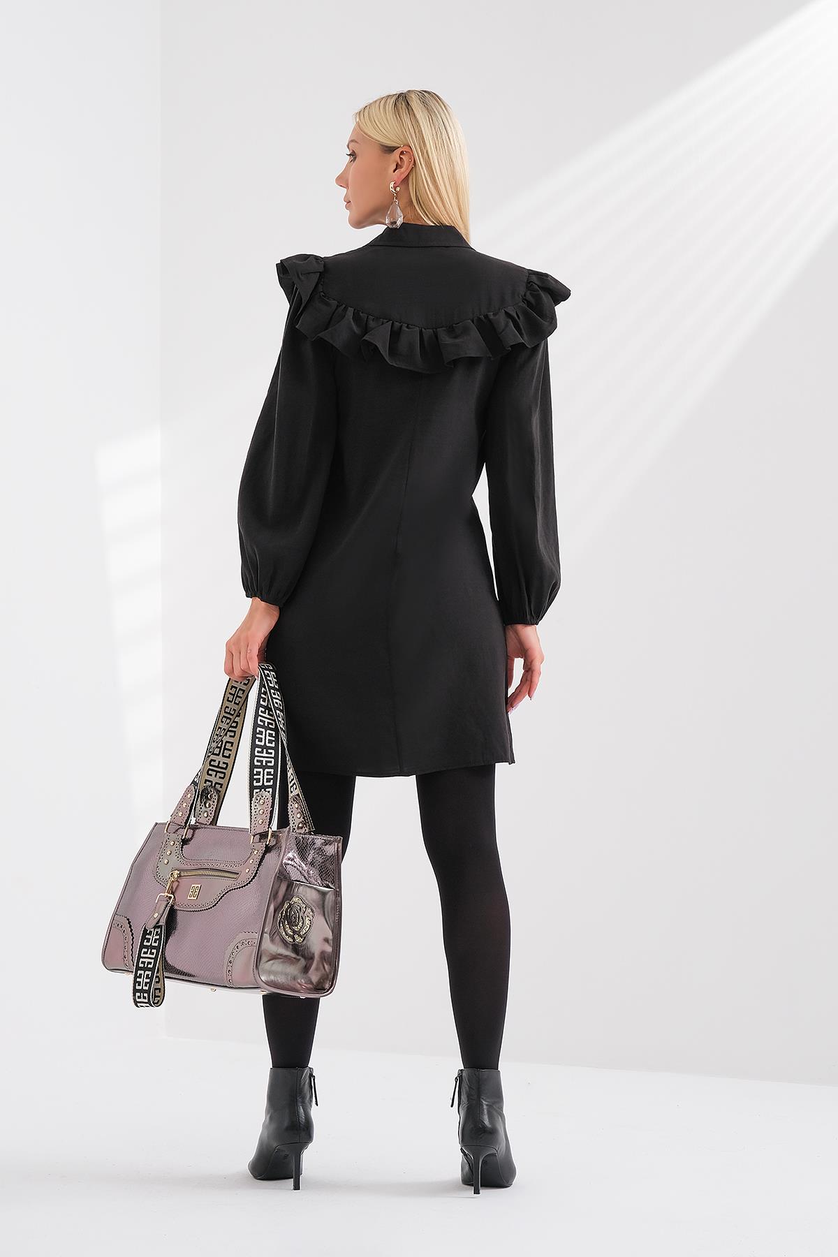 Volan Detaylı Kolu Lastikli Elbise