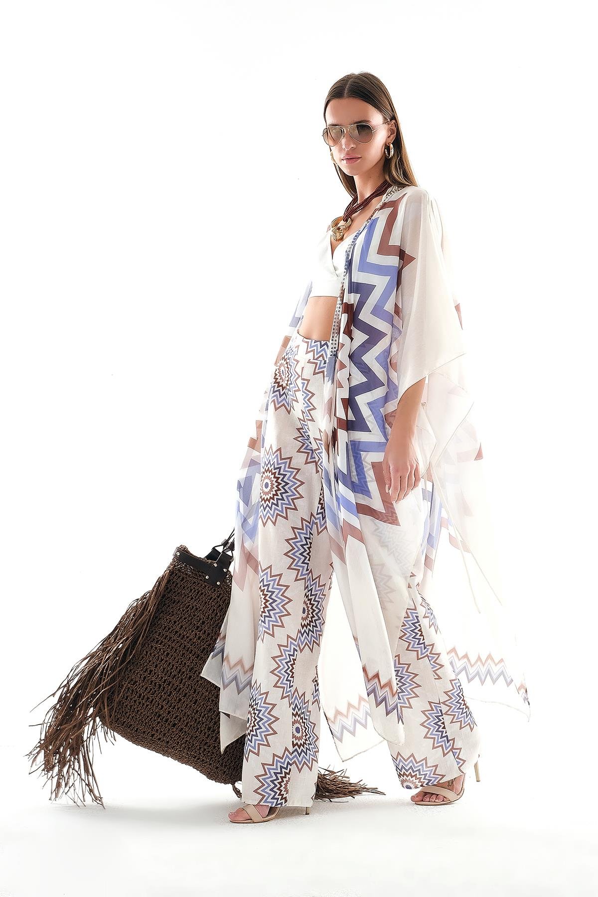 Vual  Kimono Ve Keten Bol Paça Pantolon Takım