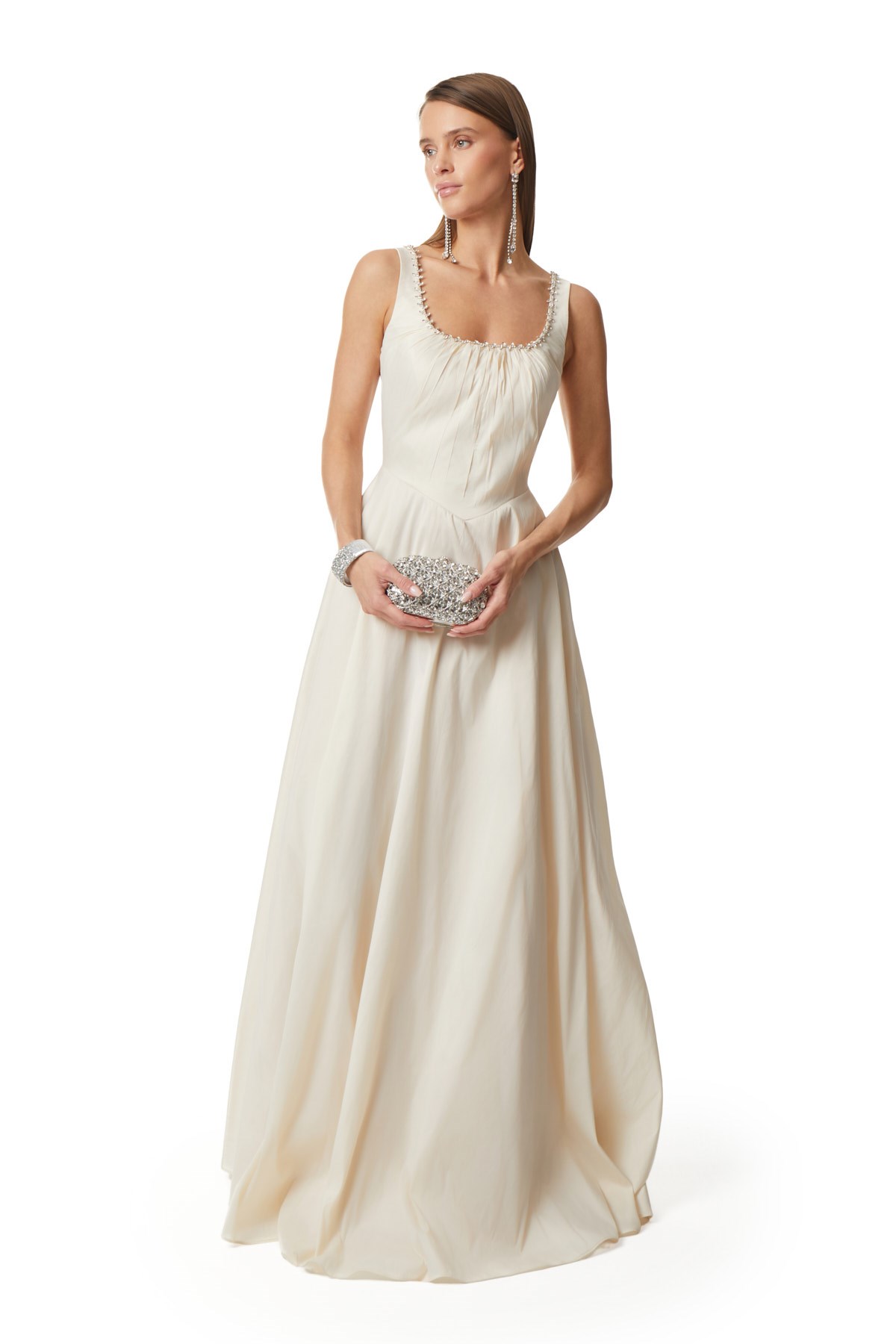 Yakası Taş İşlemeli Kloş Etekli Maxi Elbise