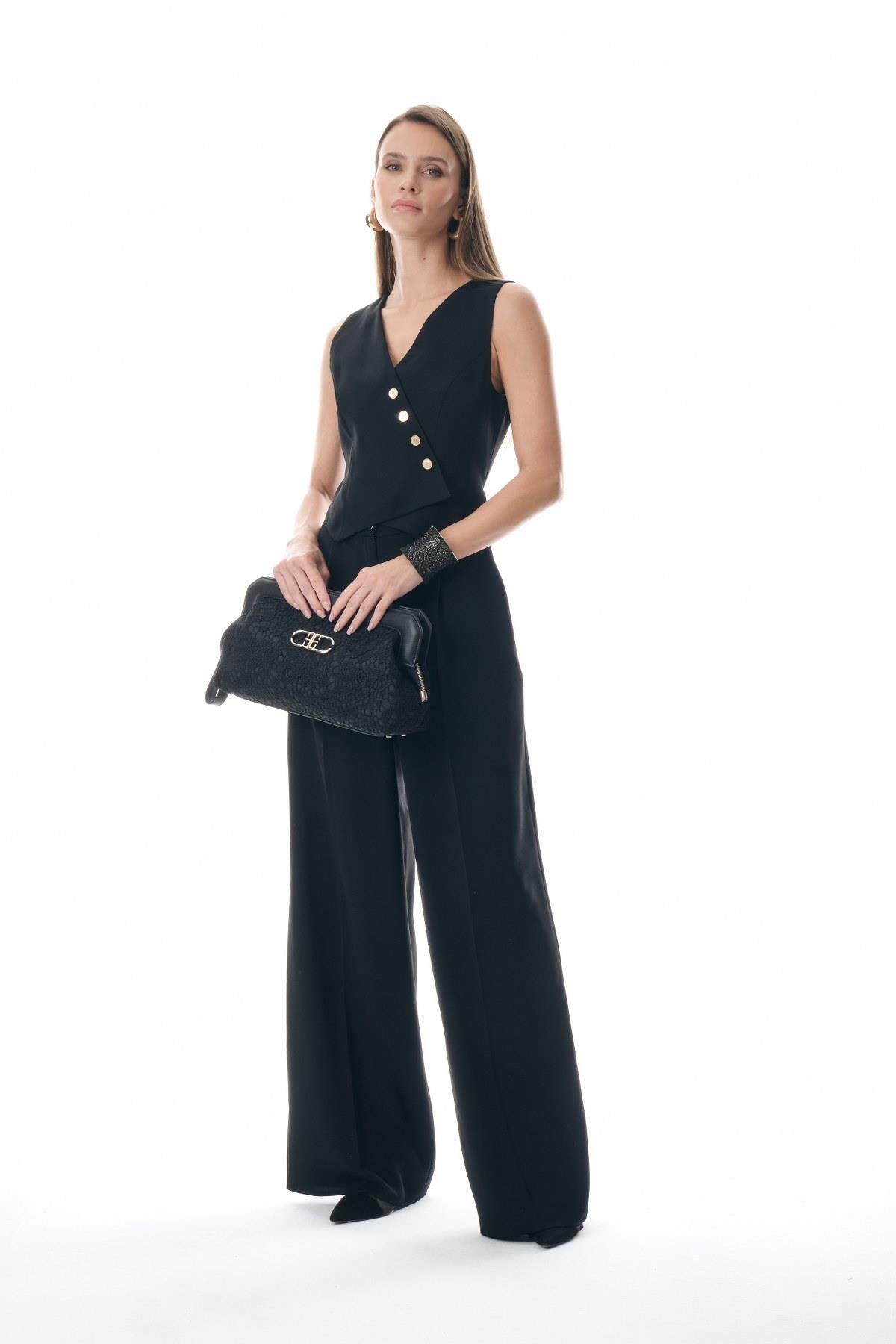 Yelek Görünümlü Gold Düğmeli Tulum