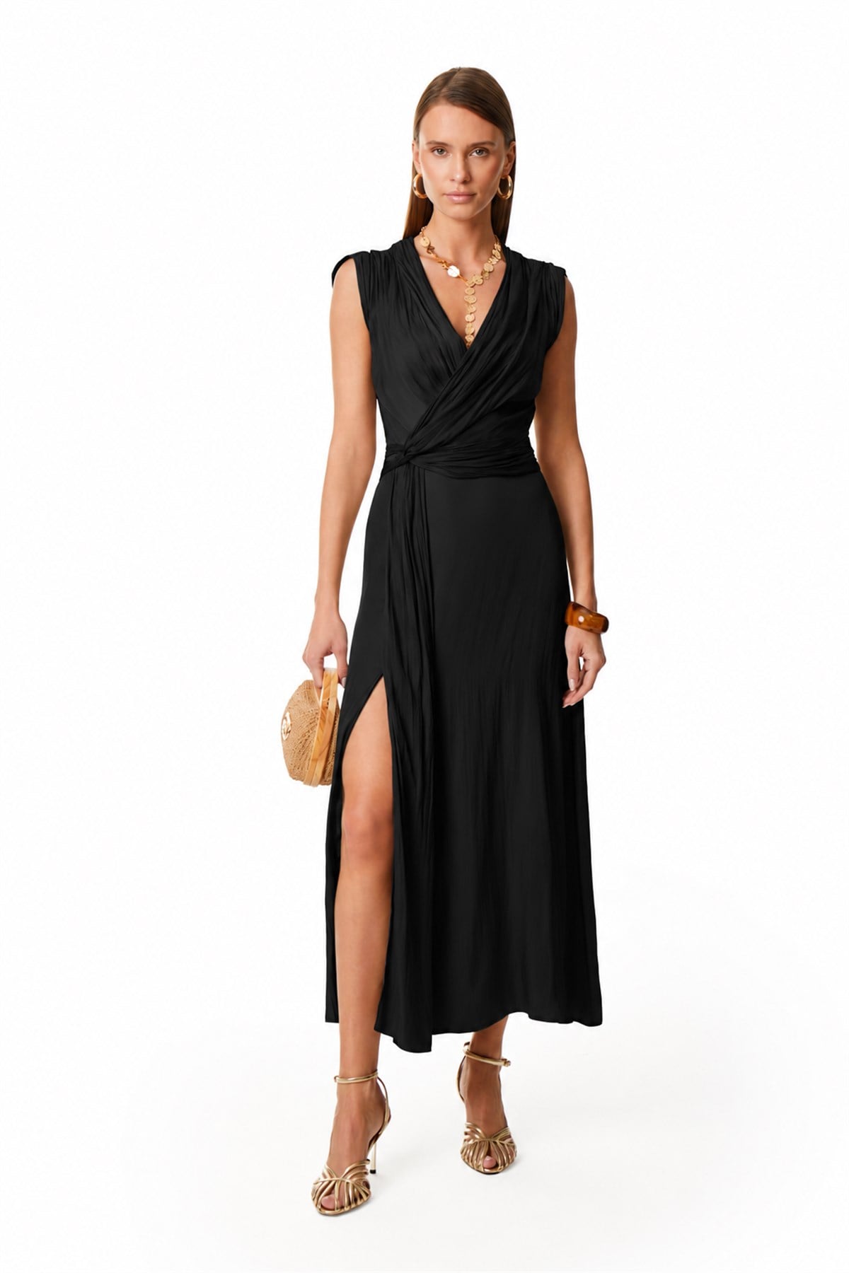 Yırtmaçlı Ve Drape Detaylı Elbise