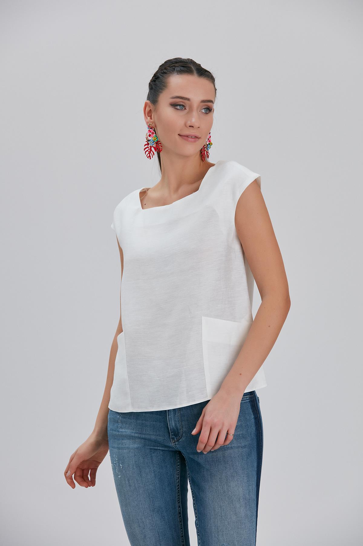 Cep Detaylı Keten Bluz