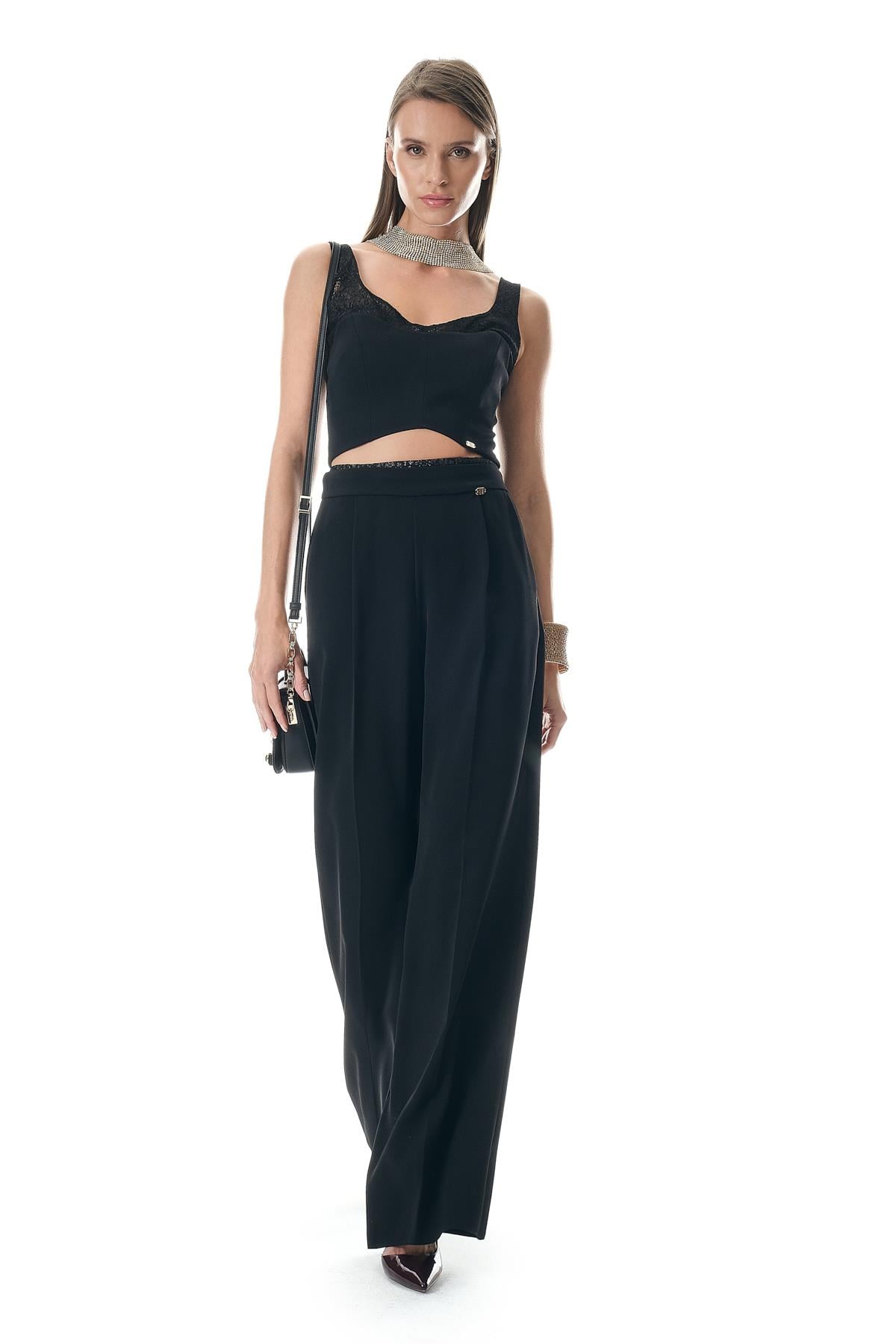 Dantel Garnili Crop Ve Bol Paça Pantolon Takım