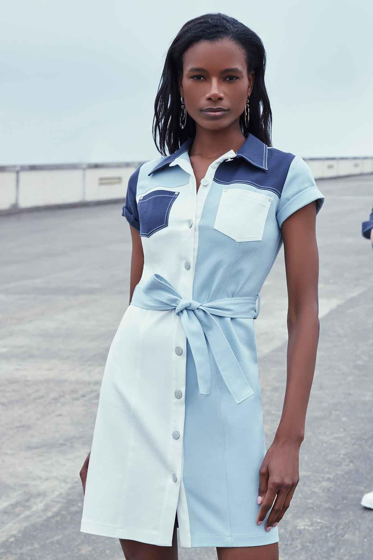 Denim Efektli Koton Elbise