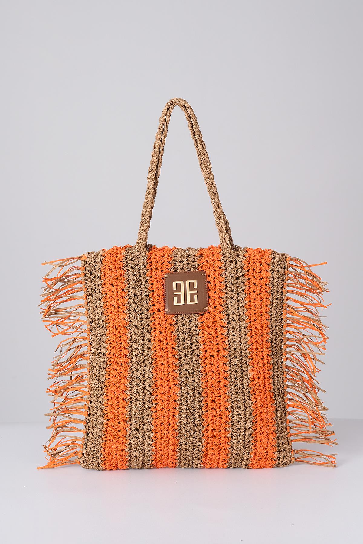 Deri Aksesuarlı El Örgü Plaj Günlük Çanta