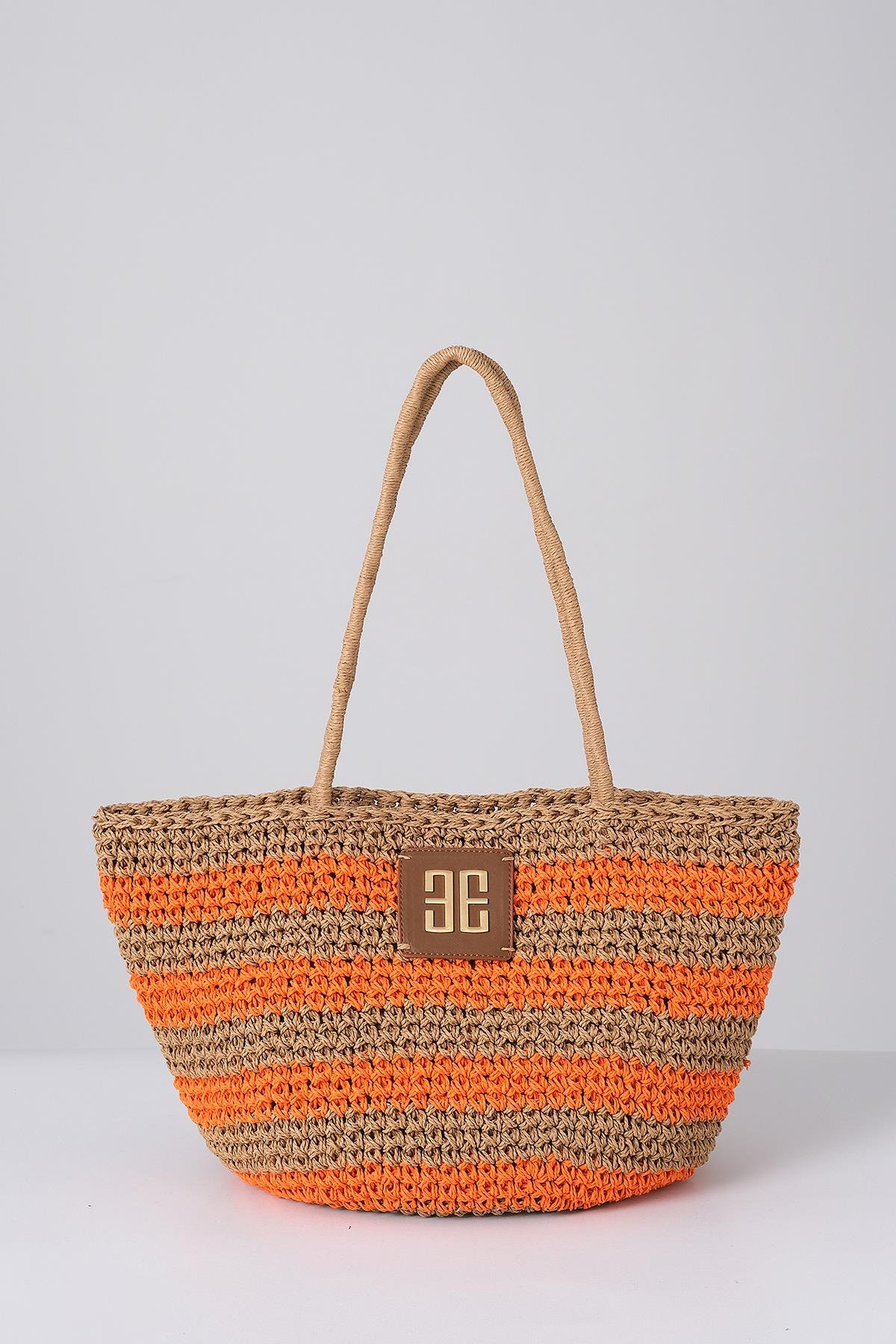 Deri Aksesuarlı El Örgü Plaj Günlük Çanta