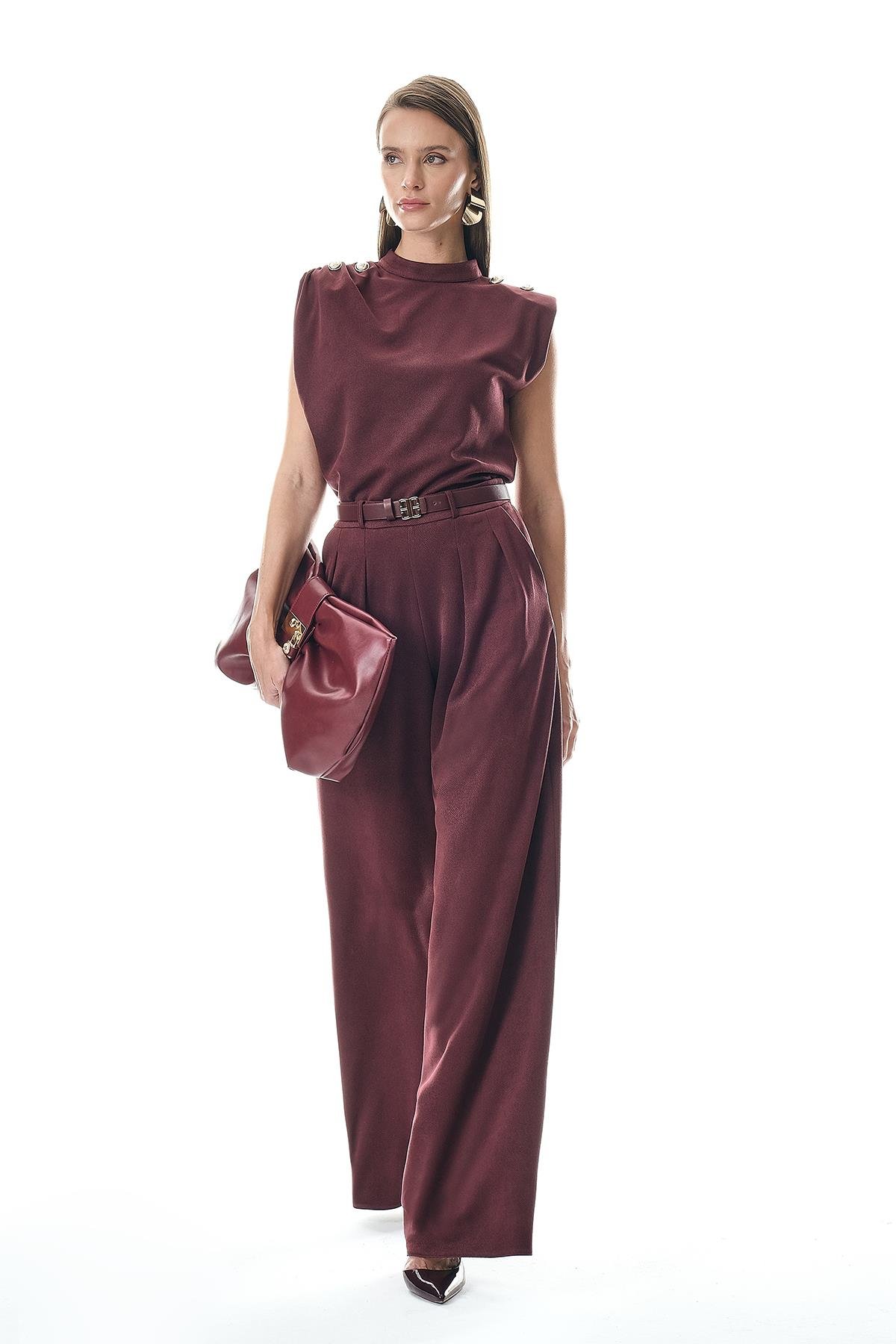 Deri Kemerli Çift Pili Detaylı Süet Pantolon