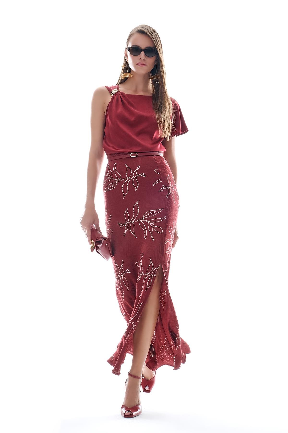 Deri Kemerli Desenli Jakar Midi Etek