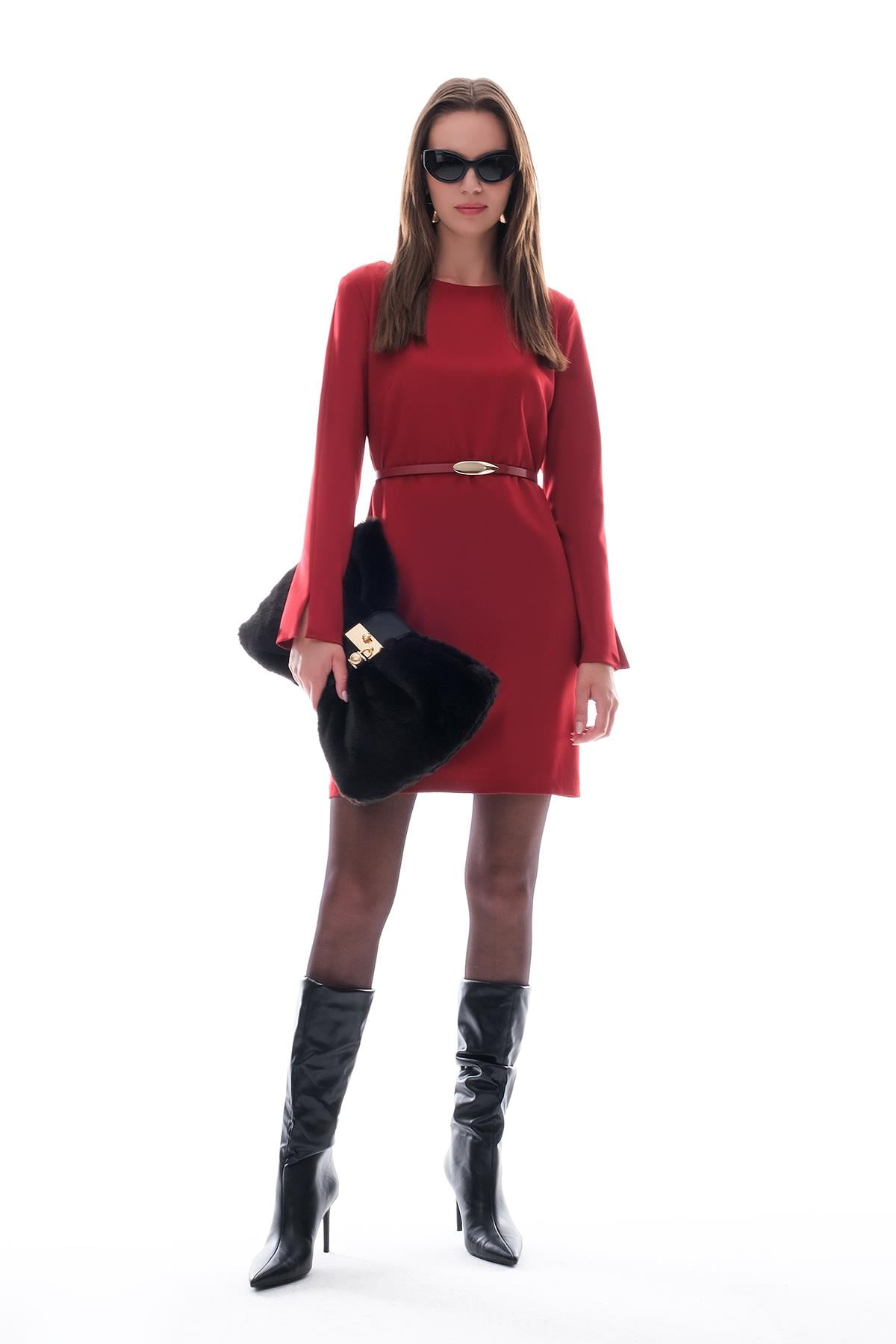 Deri Kemerli Mini Şık Elbise