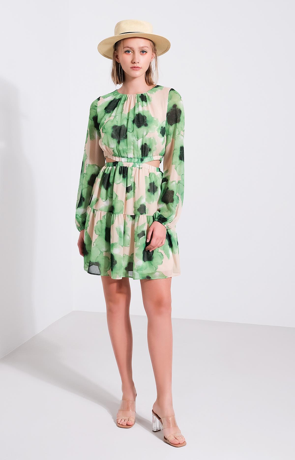 Desenli Beli Dekolteli Mini Elbise