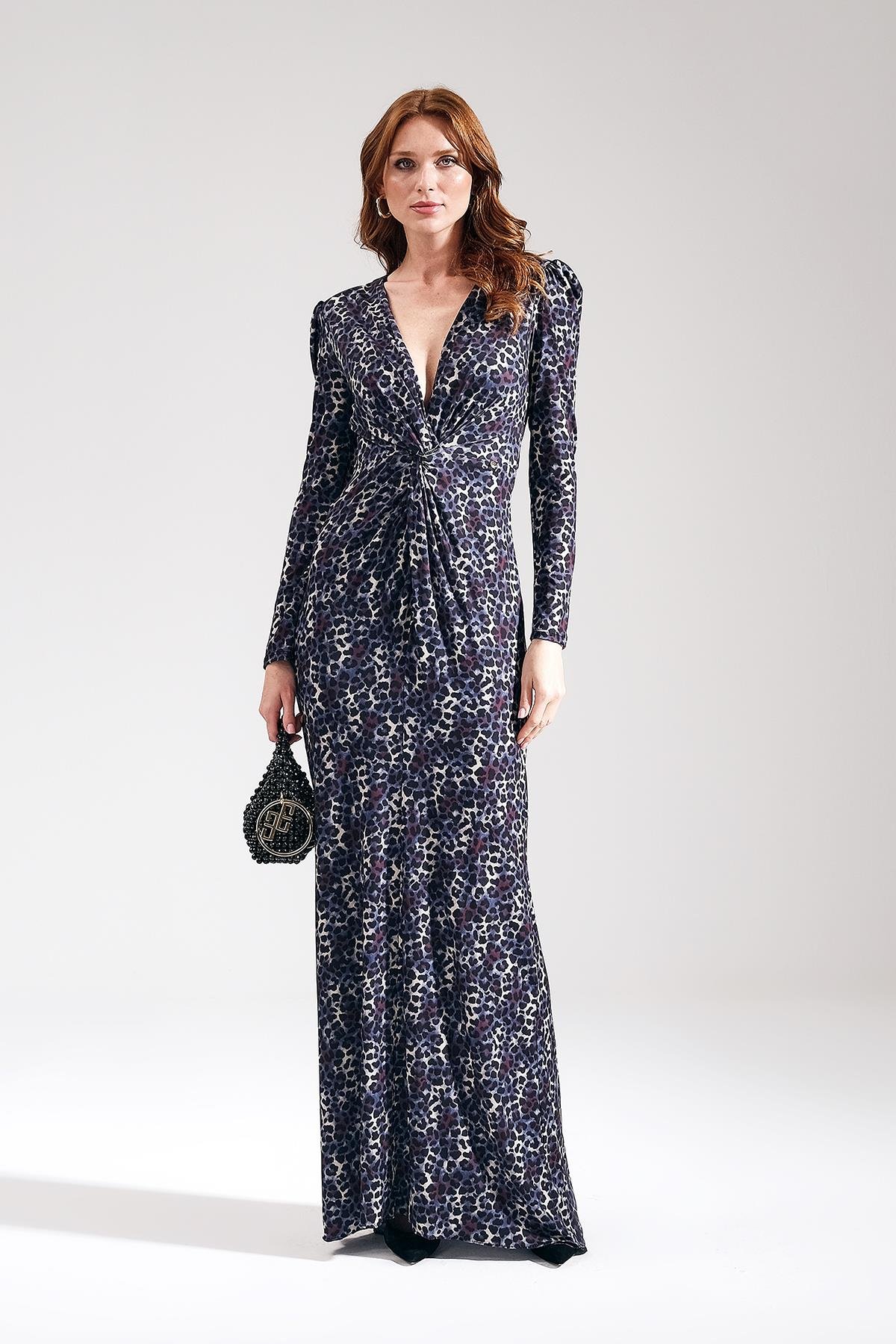 Desenli Beli Düğüm Detaylı Abiye Elbise