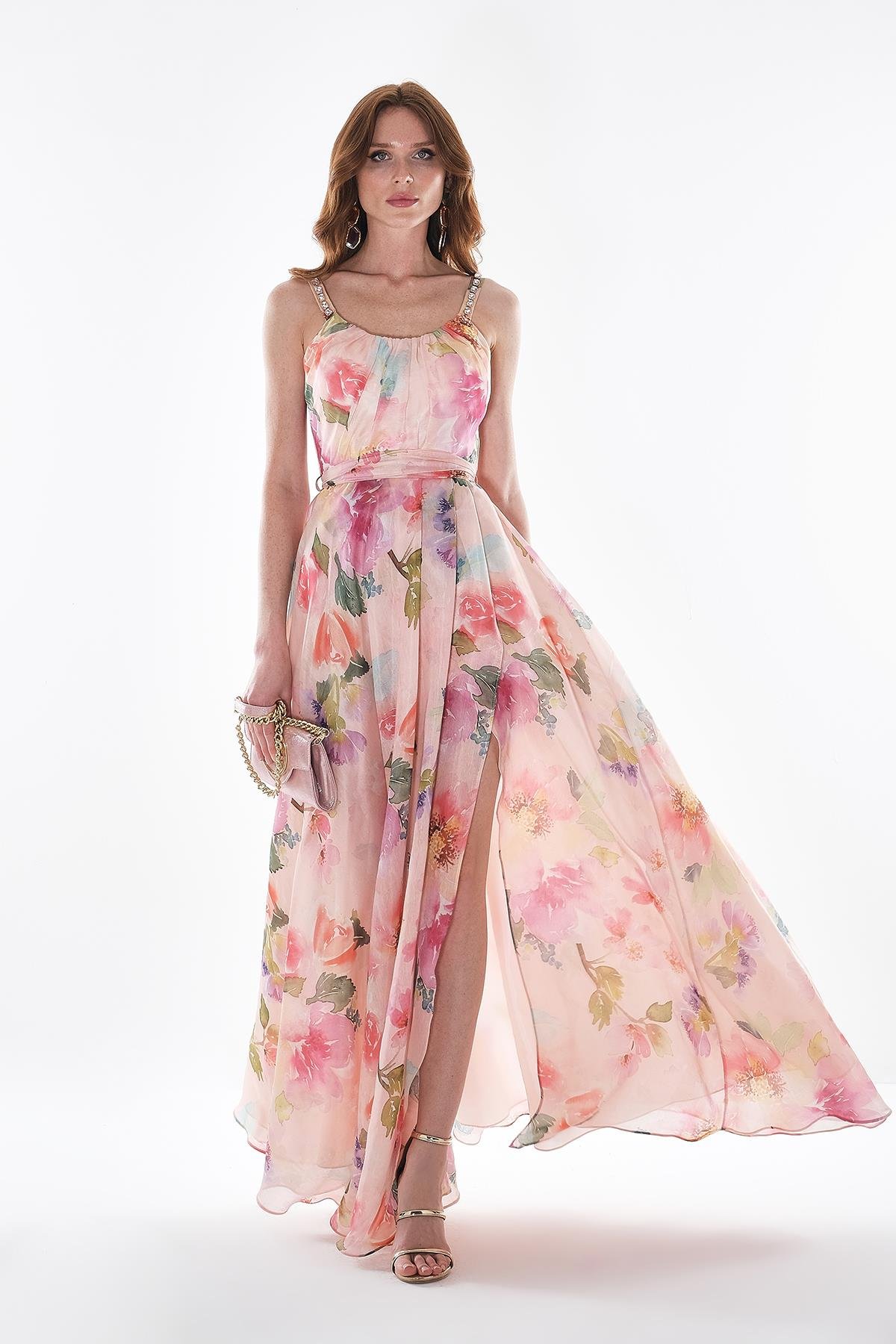 Desenli Organze Askısı Taş İşlemeli Abiye Elbise