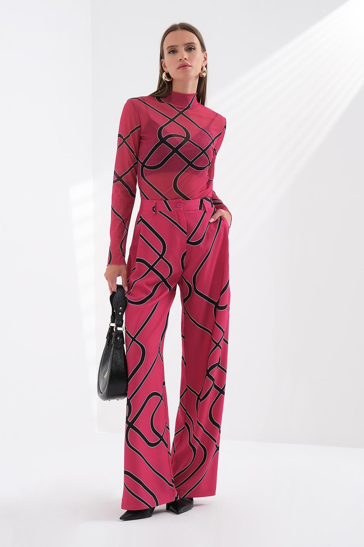 Desenli Pileli Yüksek Bel Pantolon