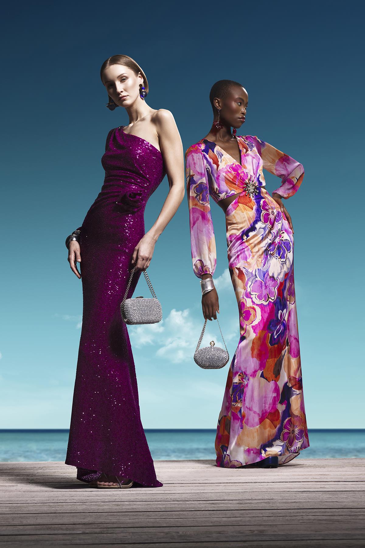 Desenli Saten Beli Dekolteli Maxi Boy Abiye Elbise