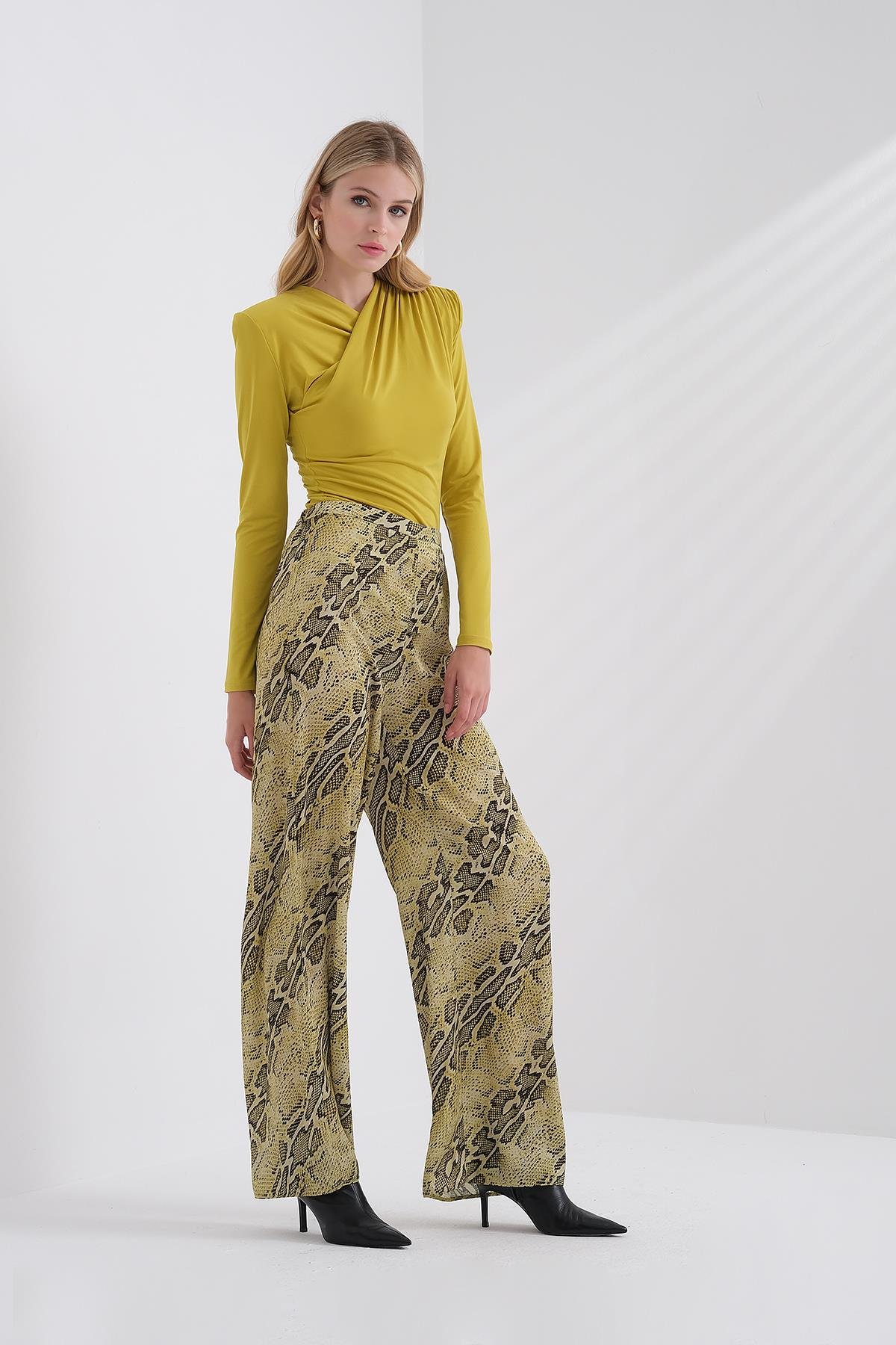 Desenli Saten Bol Paça Pantolon