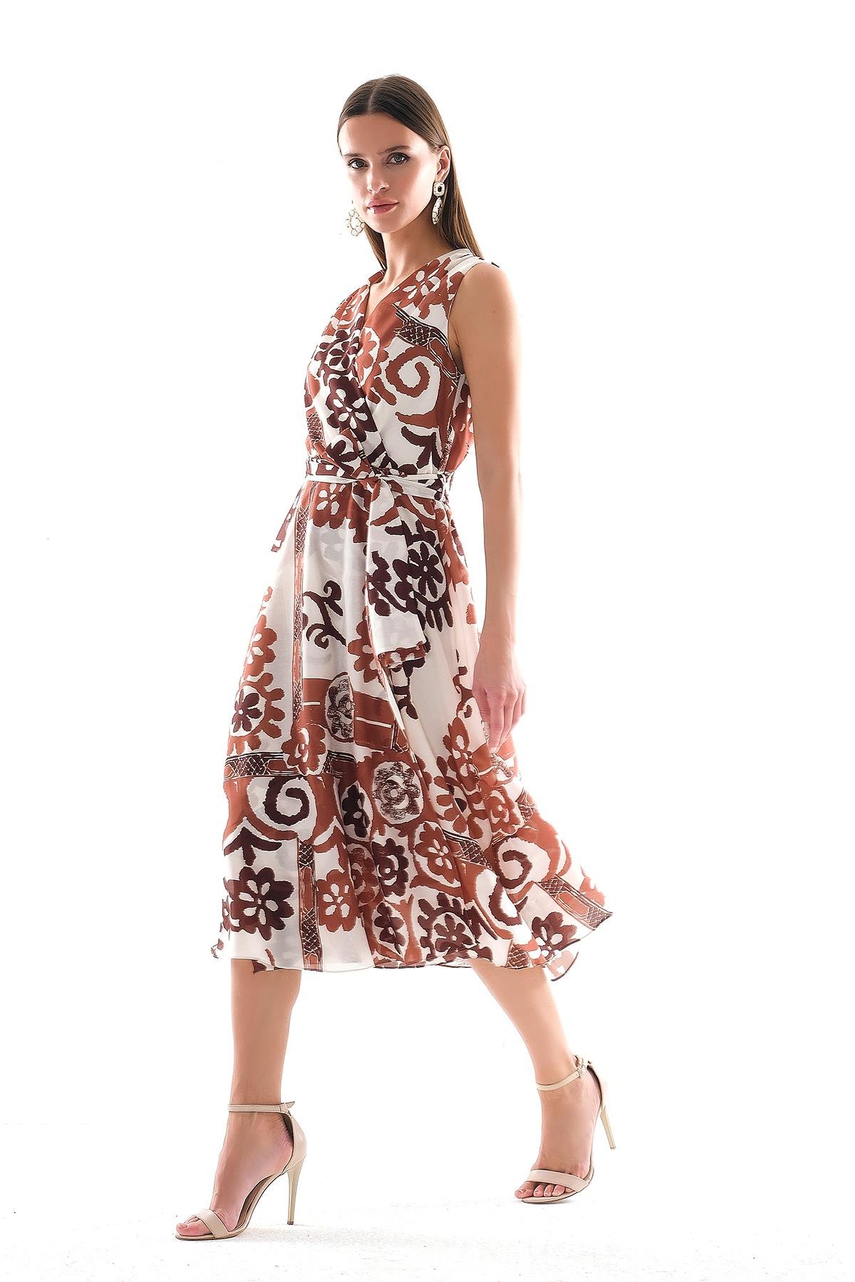 Desenli Vual Kolsuz Etaği Volanlı Kruvaze Yakalı Beli Kuşaklı Midi Boy Elbise