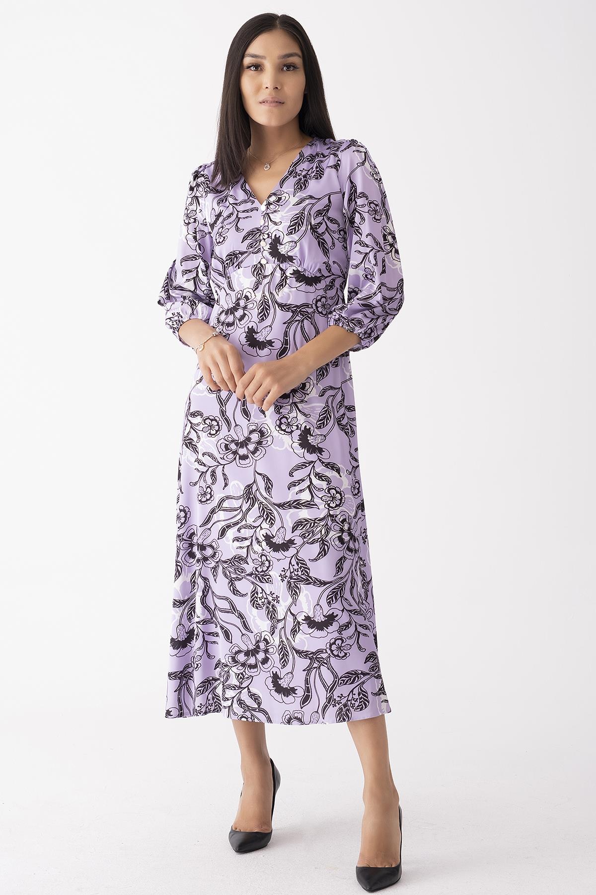 Düğme Detaylı V Yaka Elbise