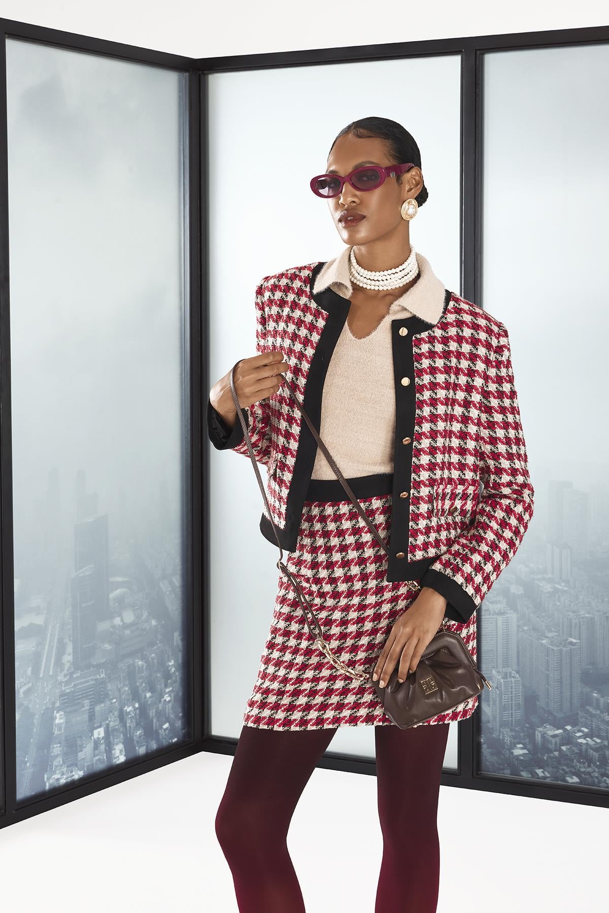 Ekose Desenli Süet Garnili Gold Çıtçıtlı Etek Ceket Takım